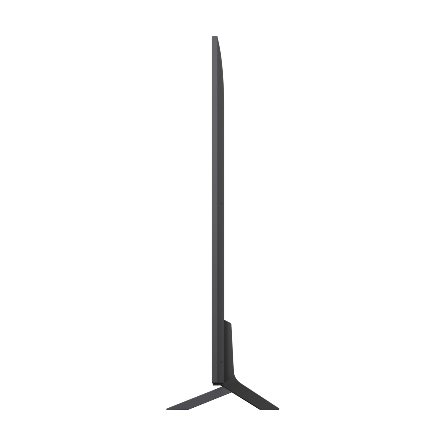 Vista laterale di una TV nera, che mostra un profilo sottile, con supporto nero.