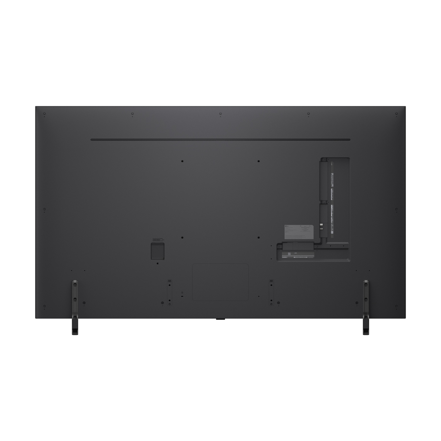 Retro di una TV, con porte e supporti per il supporto, colore nero.