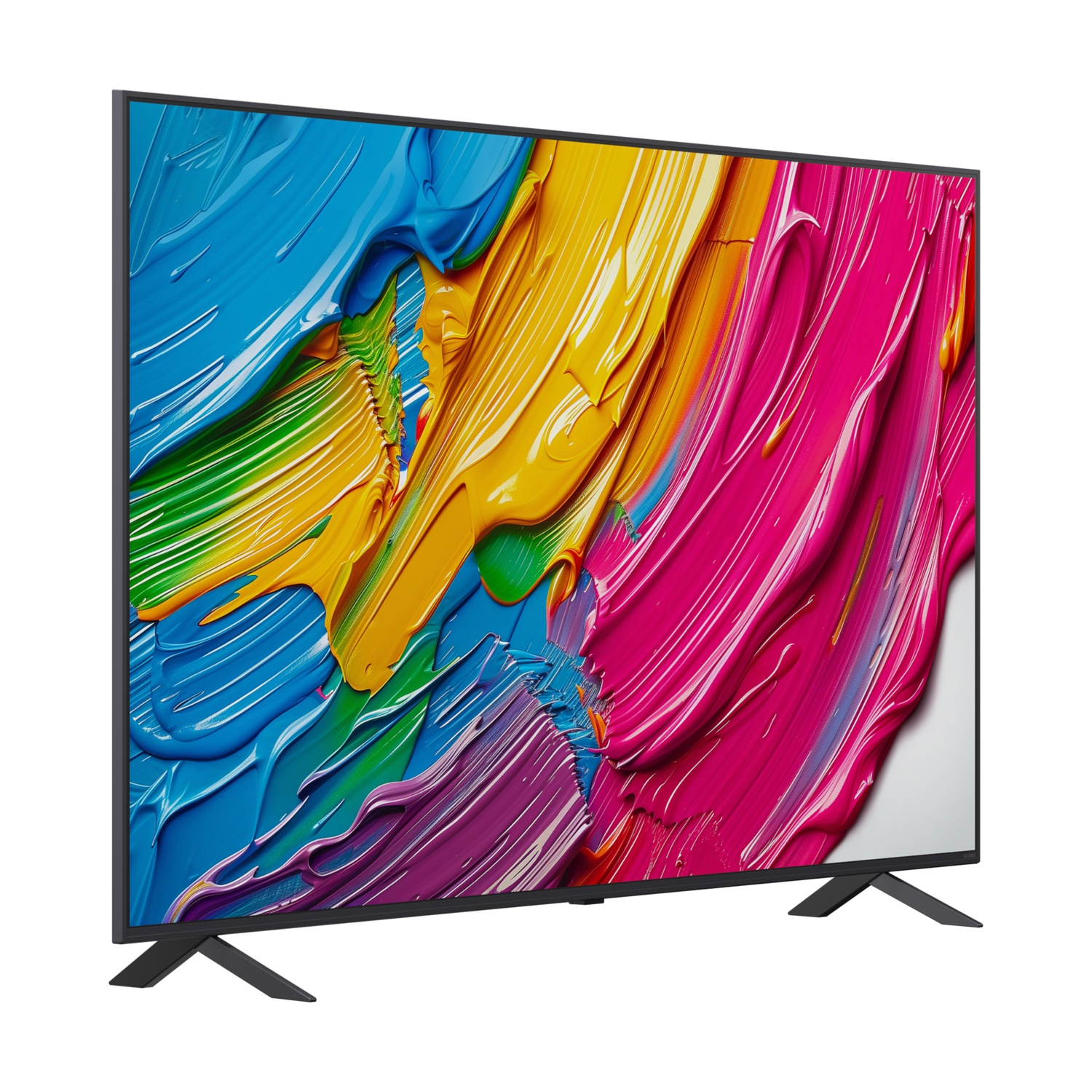 TV che mostra pennellate colorate, cornice nera, supporto nero, vista angolata.