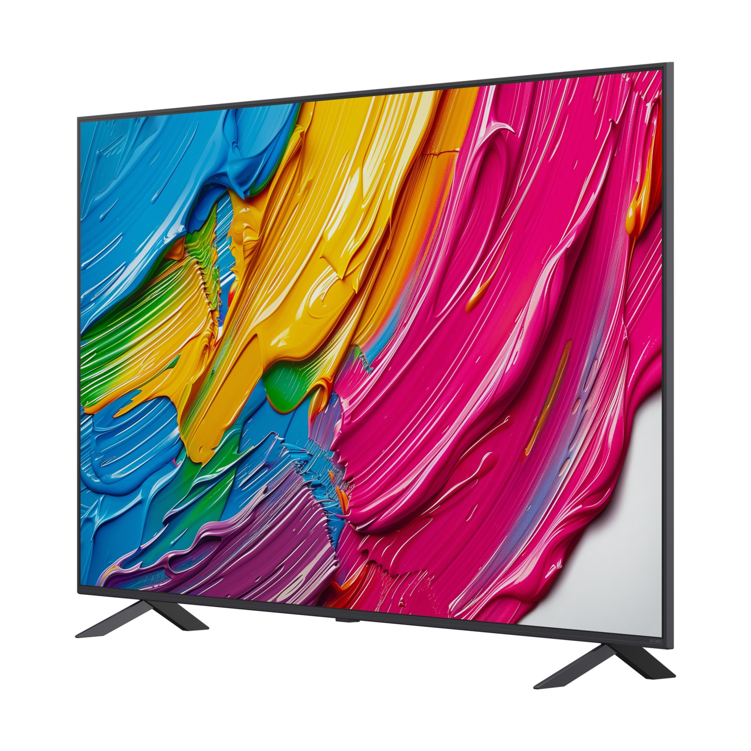 TV che mostra pennellate colorate, cornice nera e supporto nero.