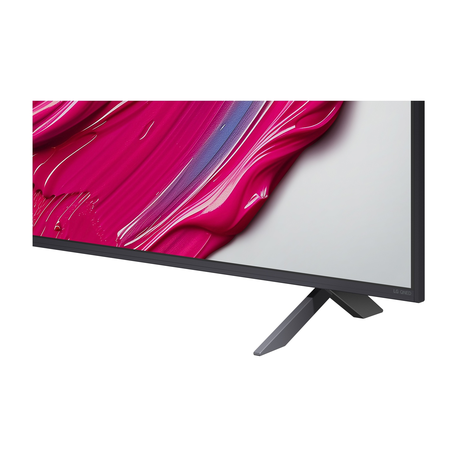 Lo schermo TV mostra vernice astratta rosa e bianca. Un supporto grigio scuro sostiene lo schermo.