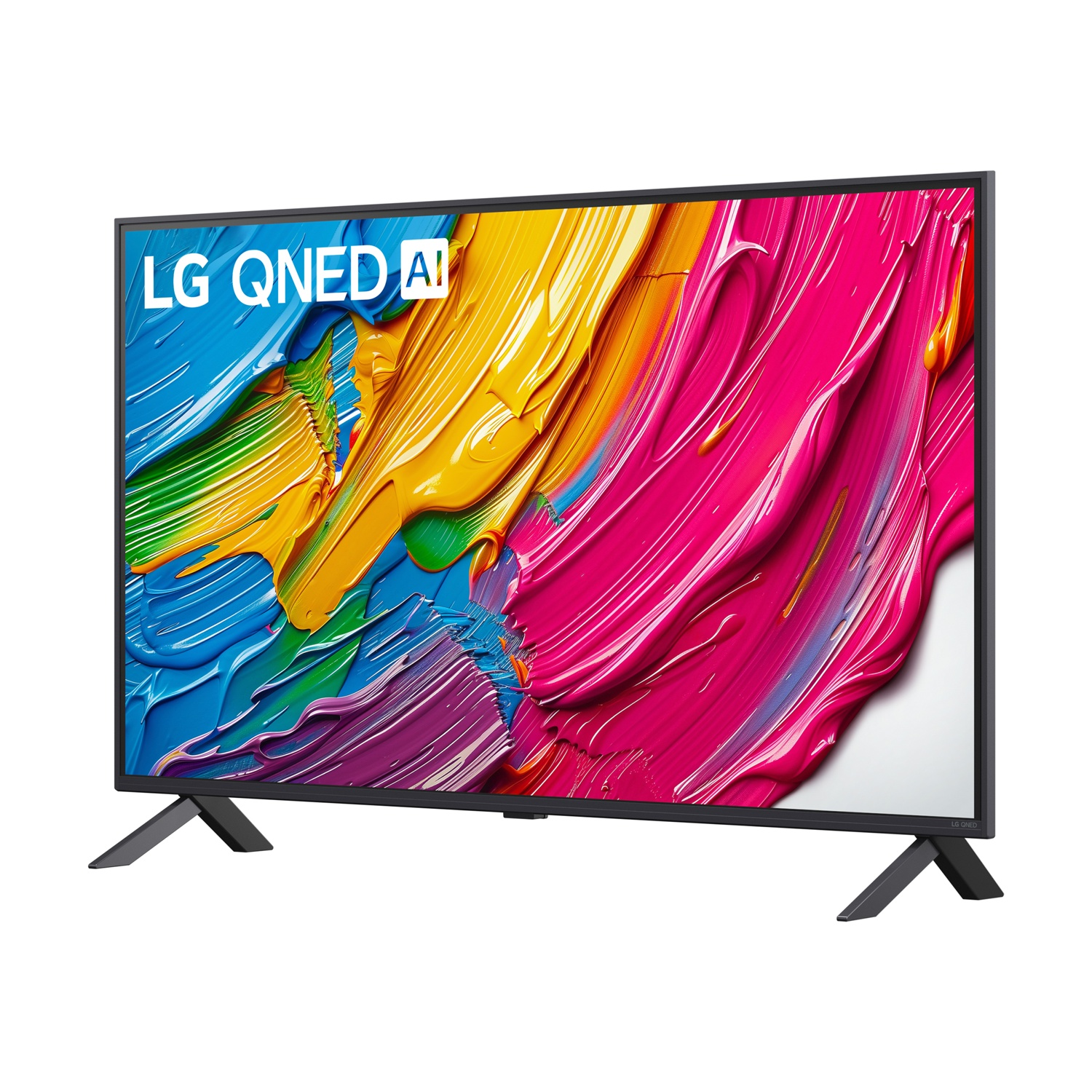Uno schermo TV mostra arte astratta colorata. Lo schermo è supportato da due gambe nere.