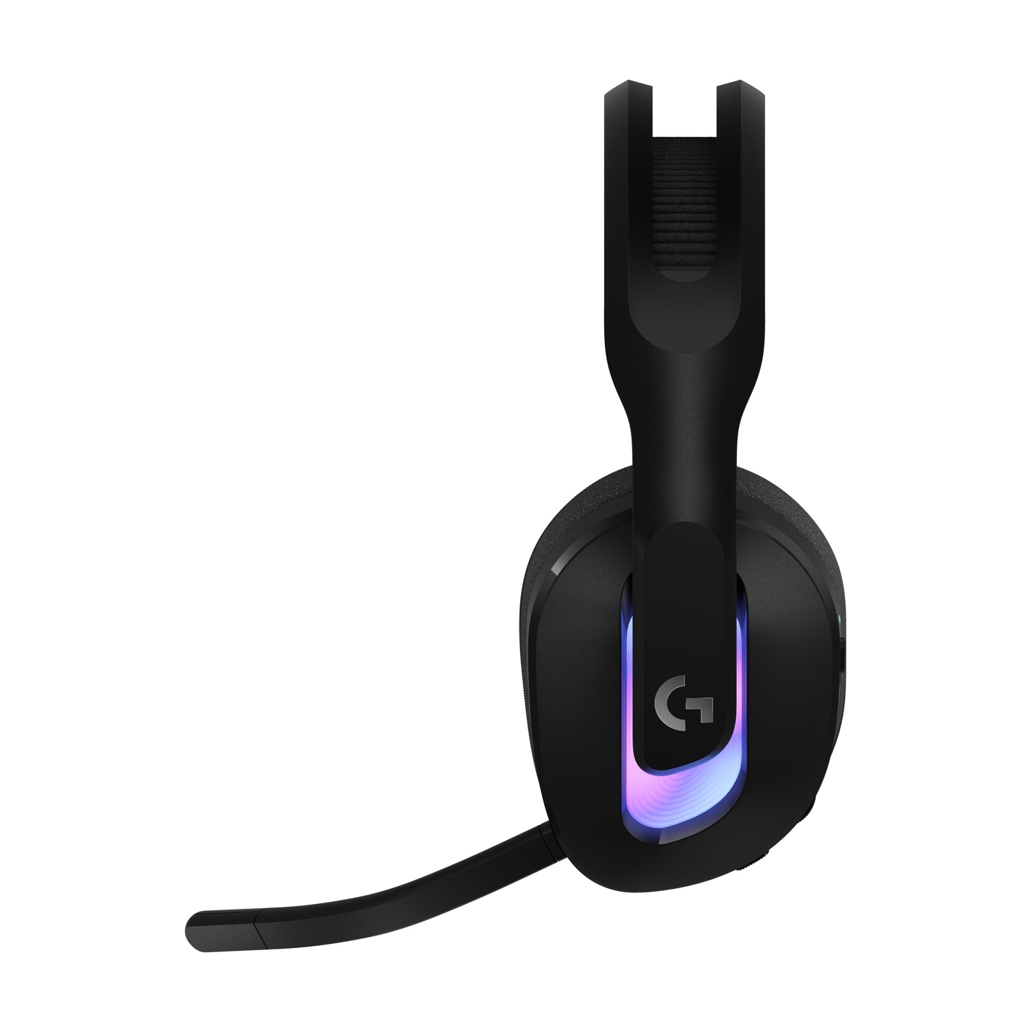 Una cuffia nera con microfono. Il padiglione auricolare ha un logo 'G' luminoso.