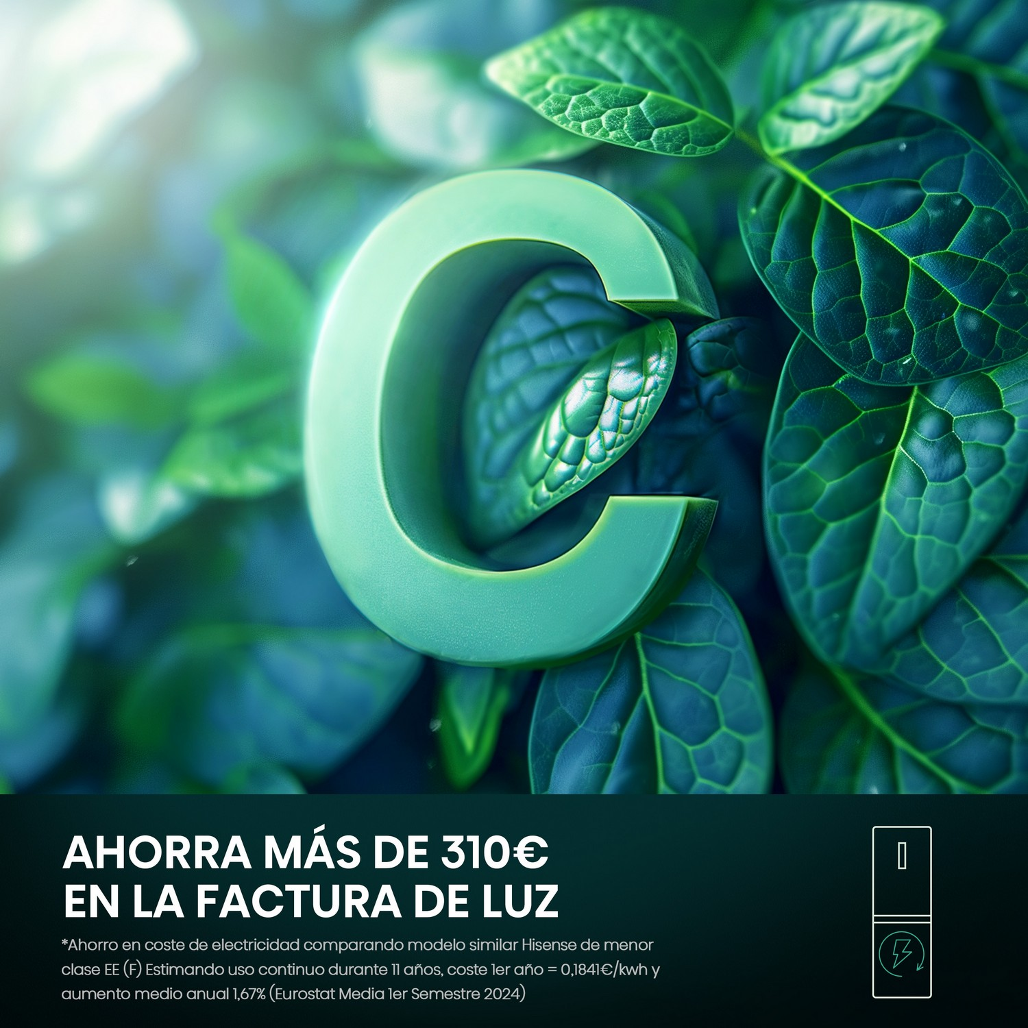 C verde con hojas, texto: Ahorra más de 310 € en la factura de la luz.