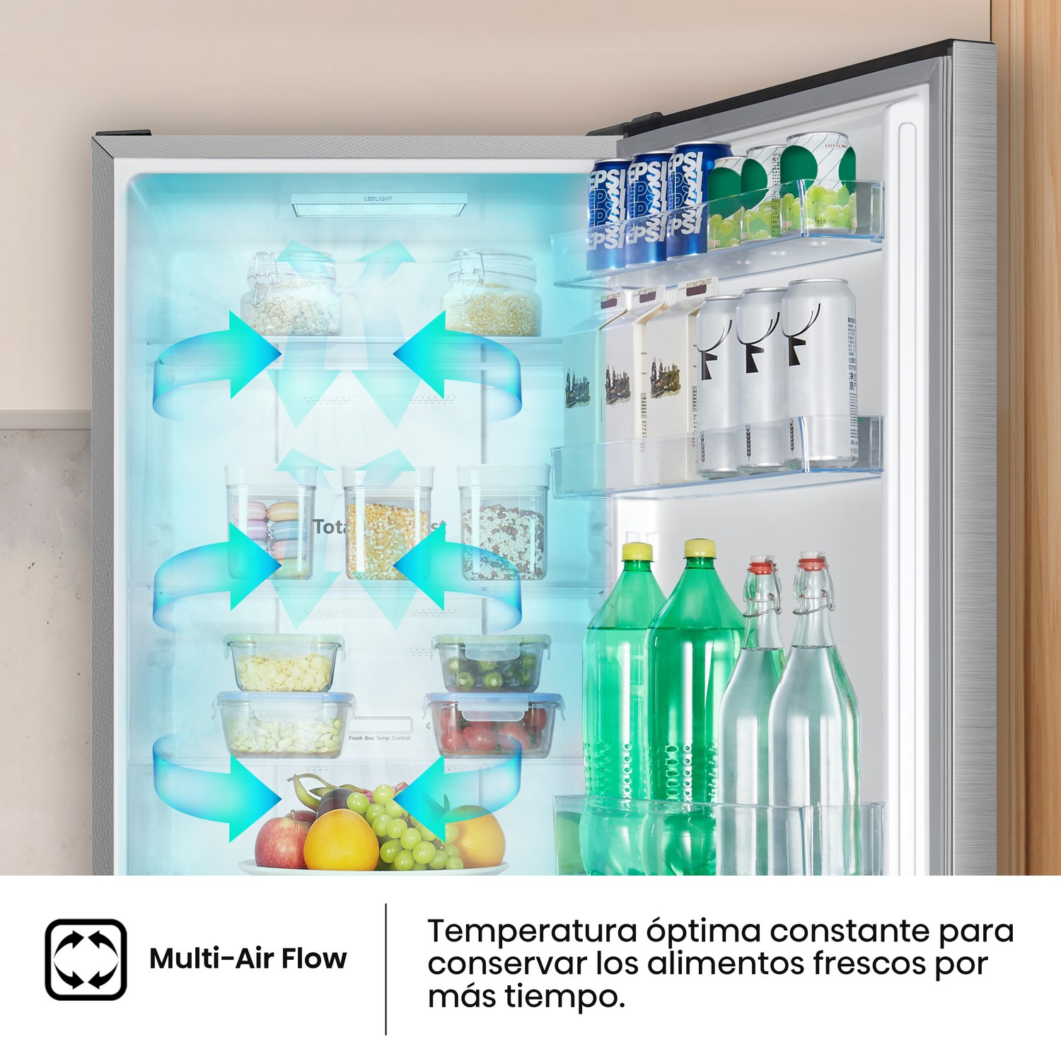 Refrigerador Hisense con Multi-Air Flow para alimentos frescos.