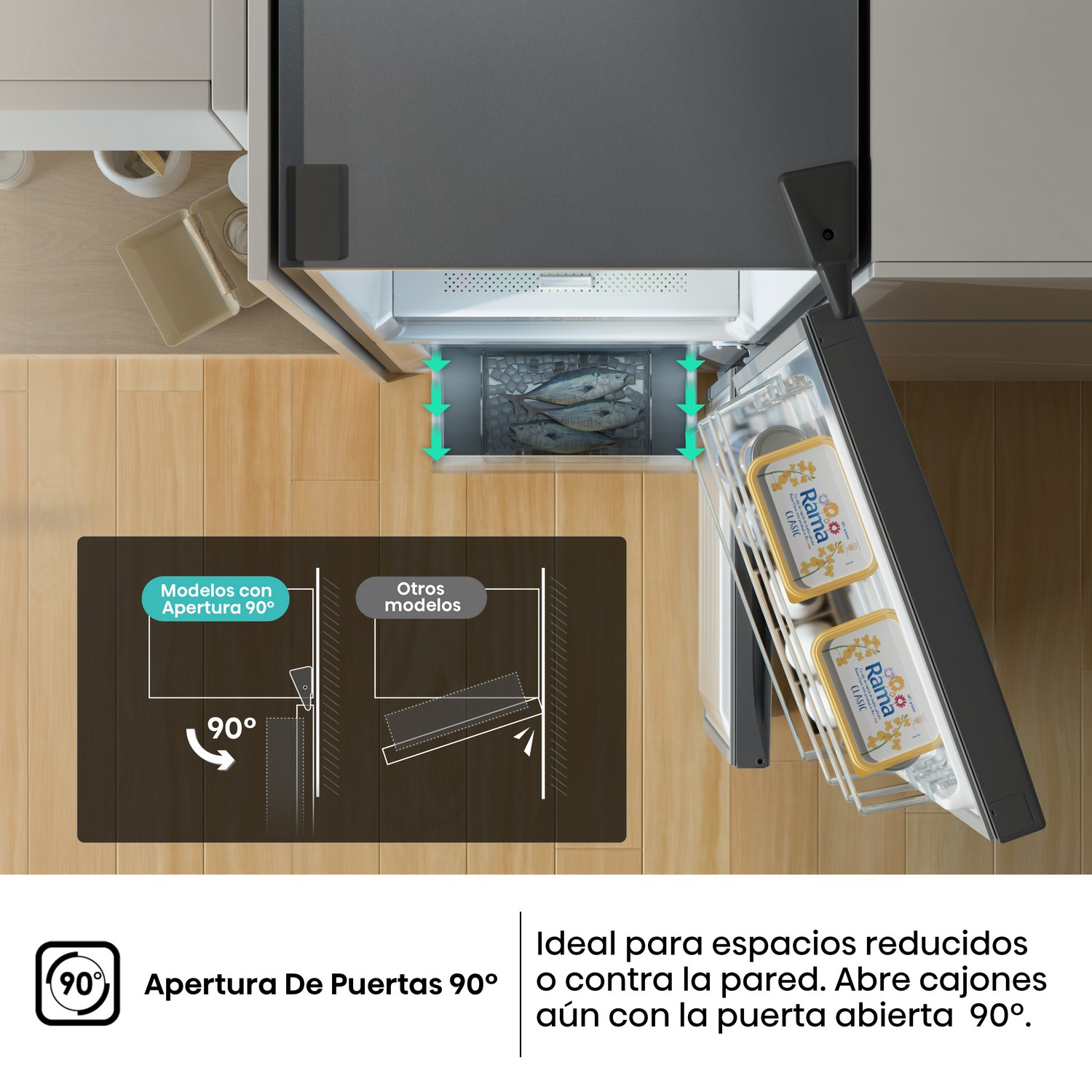 Refrigerador Hisense con apertura de puerta de 90° para espacios reducidos.
