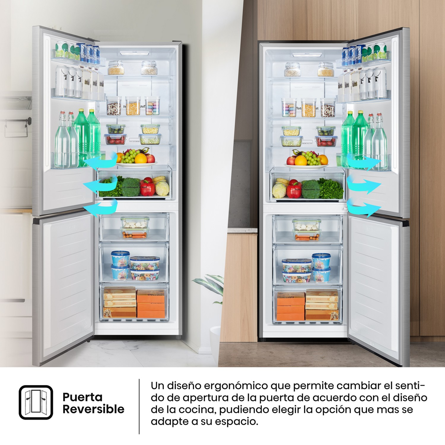 Refrigerador abierto, lleno de comida. Dos puertas abiertas, flechas azules indican dirección.