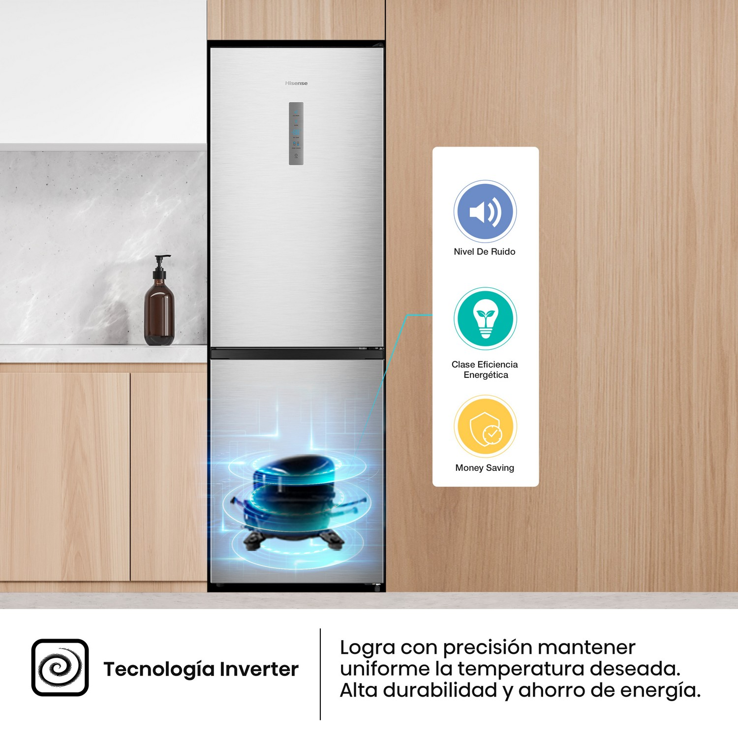 Un frigorífico-congelador Hisense con iconos de nivel de ruido, eficiencia energética y ahorro.