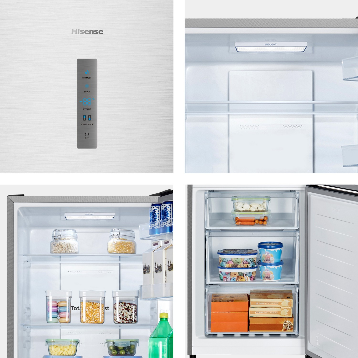 Varias vistas del frigorífico Hisense, incluyendo panel de control, luces interiores y almacenamiento.