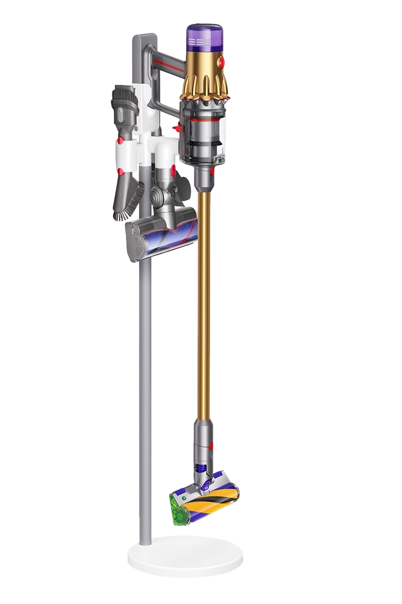 Bir Dyson elektrikli süpürgesi, altın ve gri, bir stand üzerinde duruyor.