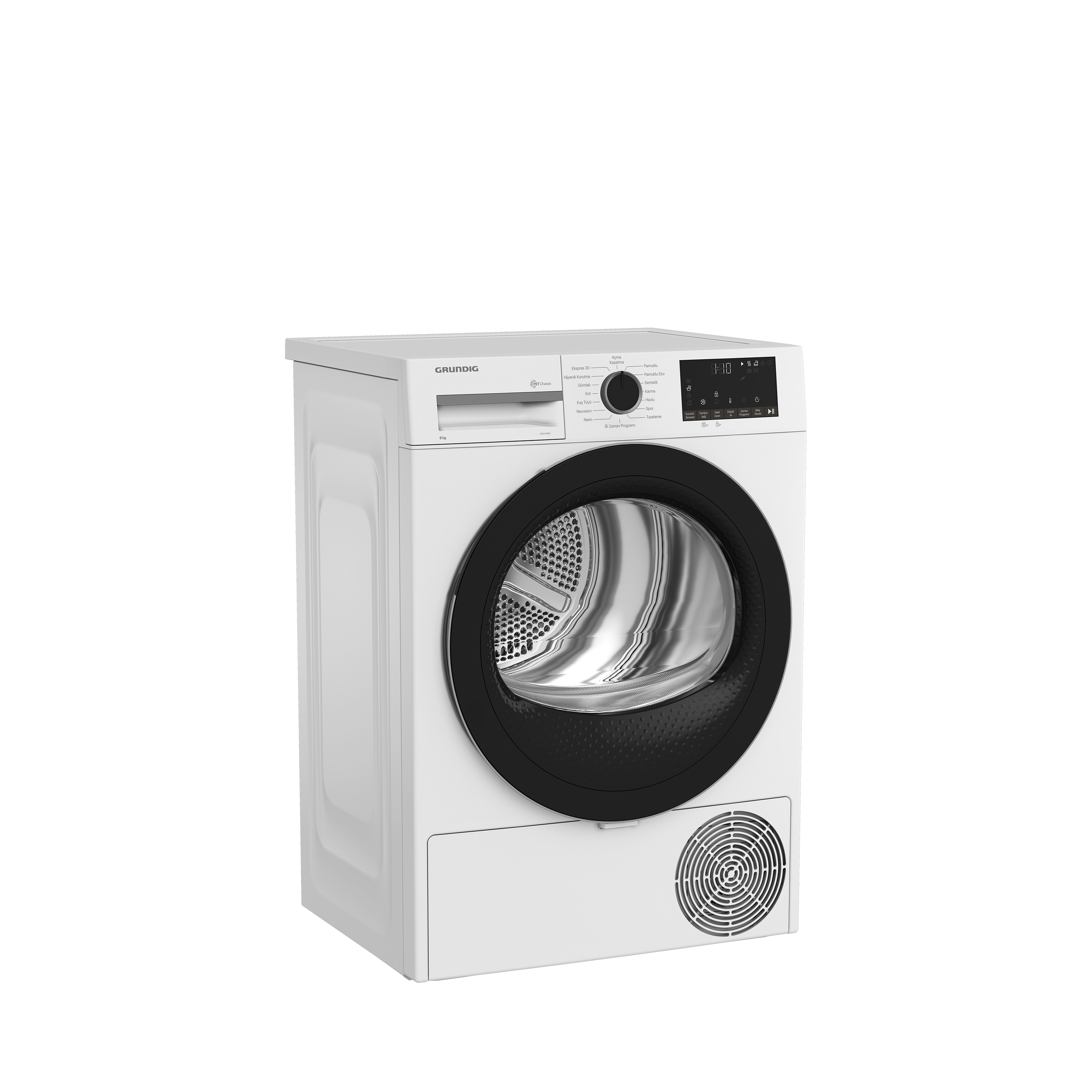 Beyaz bir Grundig kurutma makinesi, önden görünüm. Siyah bir kapısı ve kontrol paneli var.