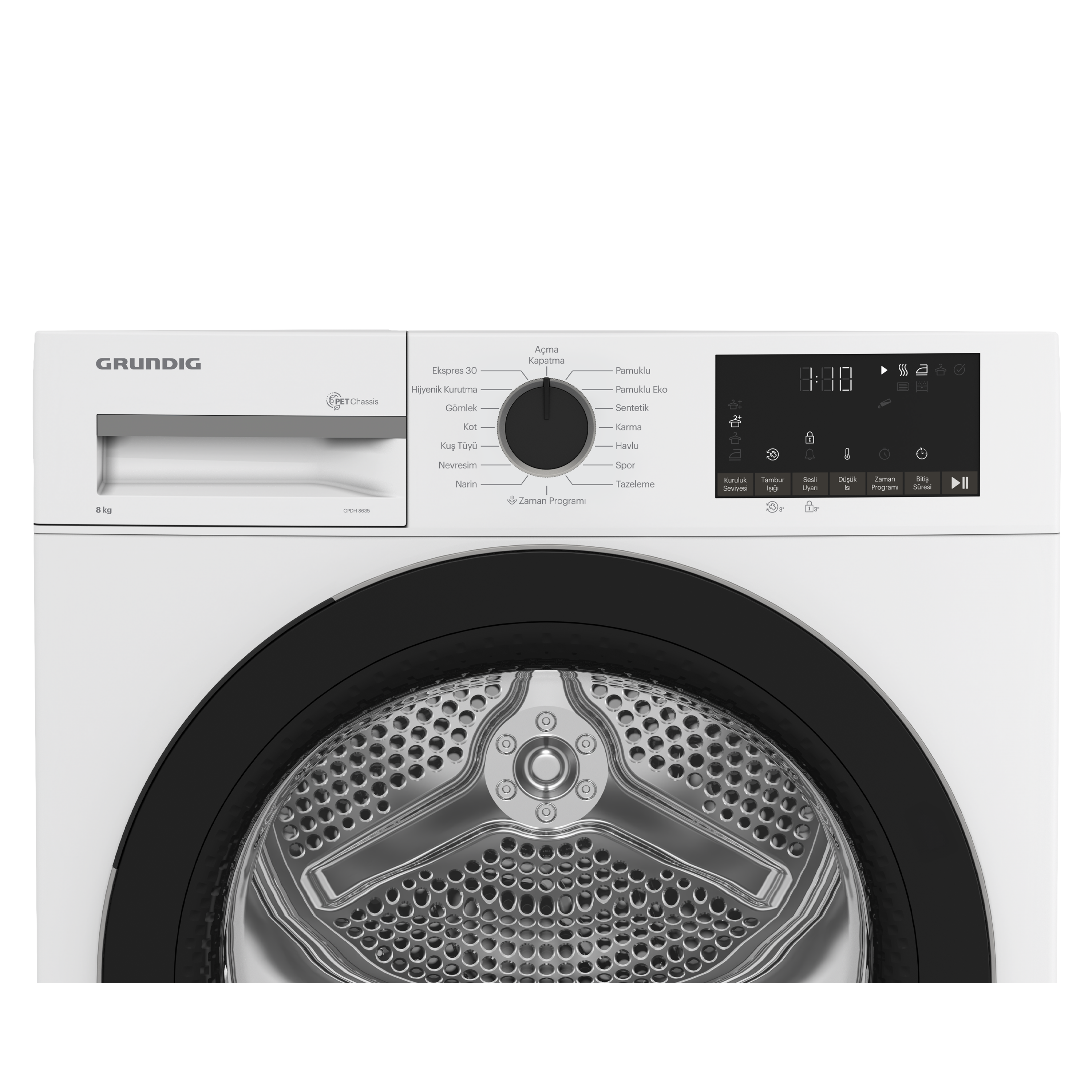 Grundig kurutucusunun kontrol paneli ve tamburunun yakından görünümü.