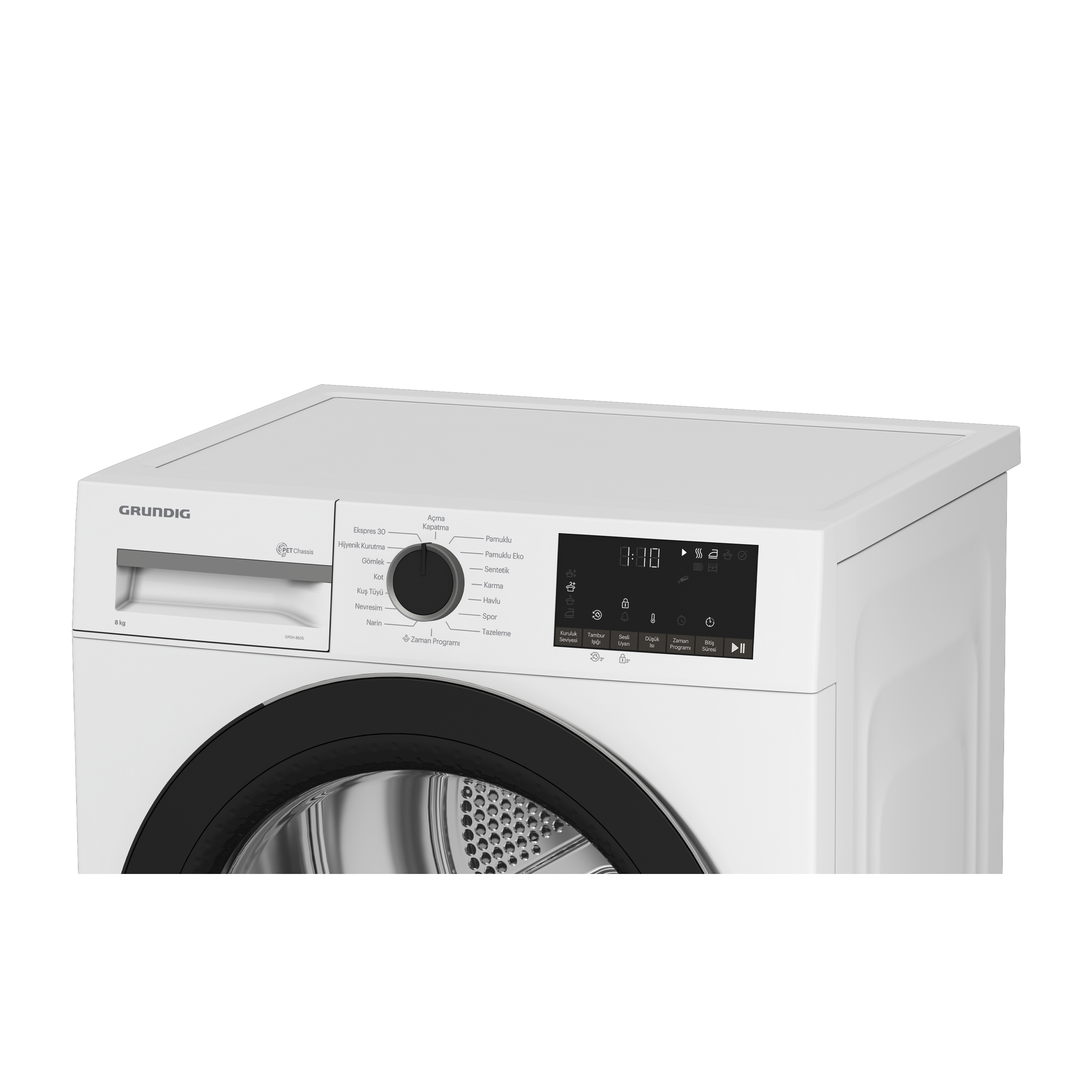 Grundig kurutucusunun kontrol panelinin yakından görünümü.