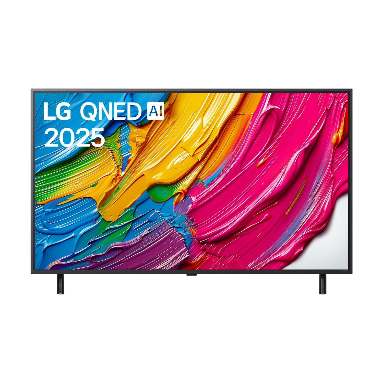 TV LG QNED 2025 con un display vibrante e colorato di arte astratta sullo schermo.