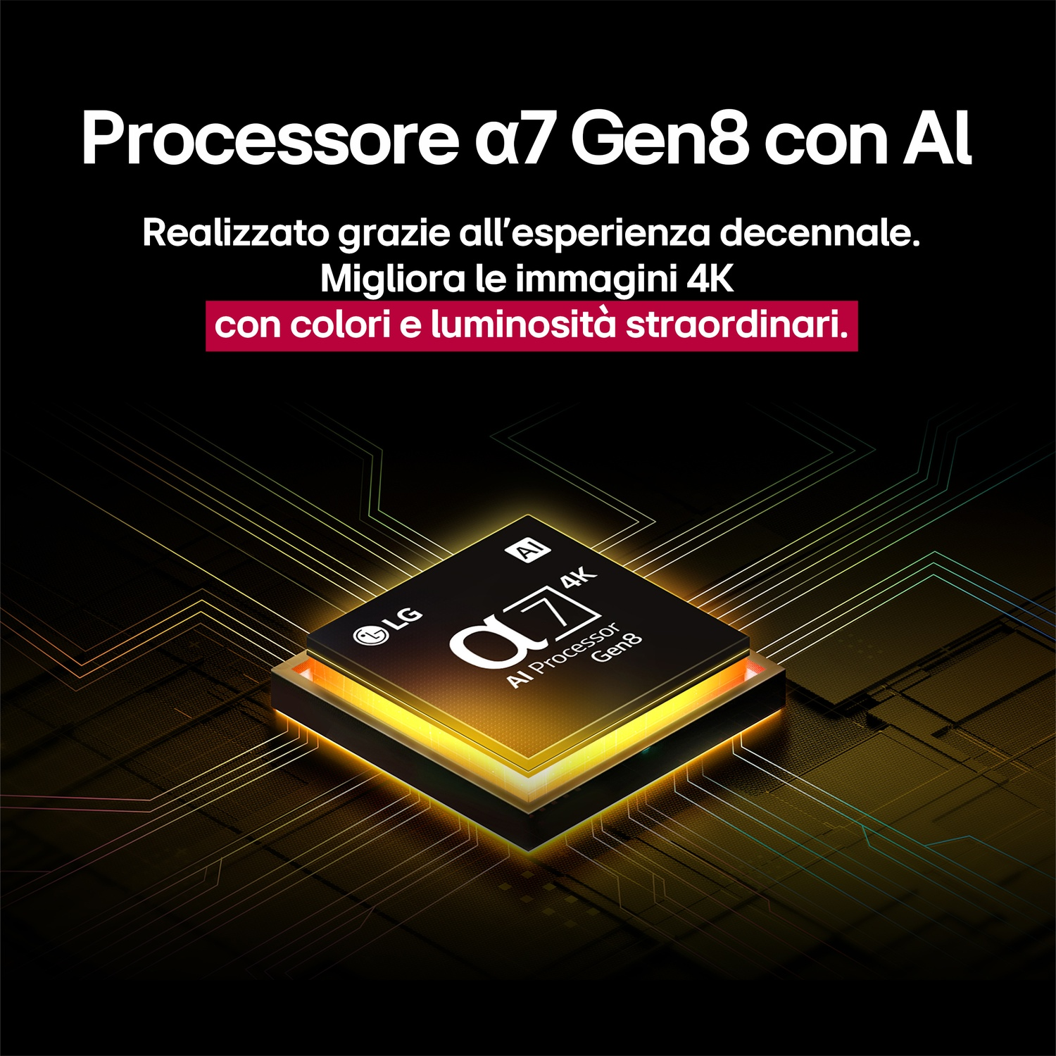 Primo piano di un chip del processore con testo e un design luminoso, con testo sul processore.