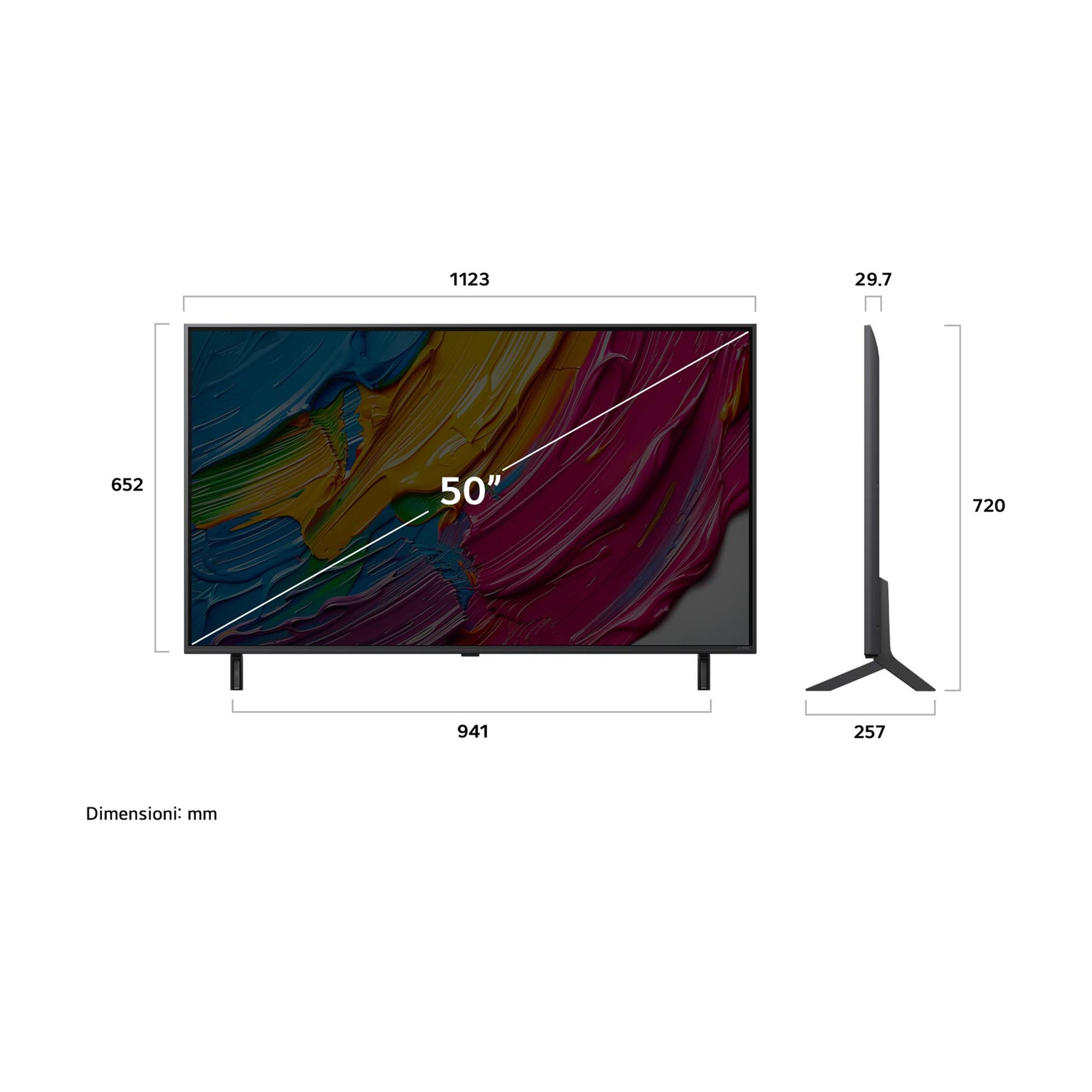 Diagramma delle dimensioni del TV, che mostra le misure di lunghezza, altezza e spessore in millimetri.