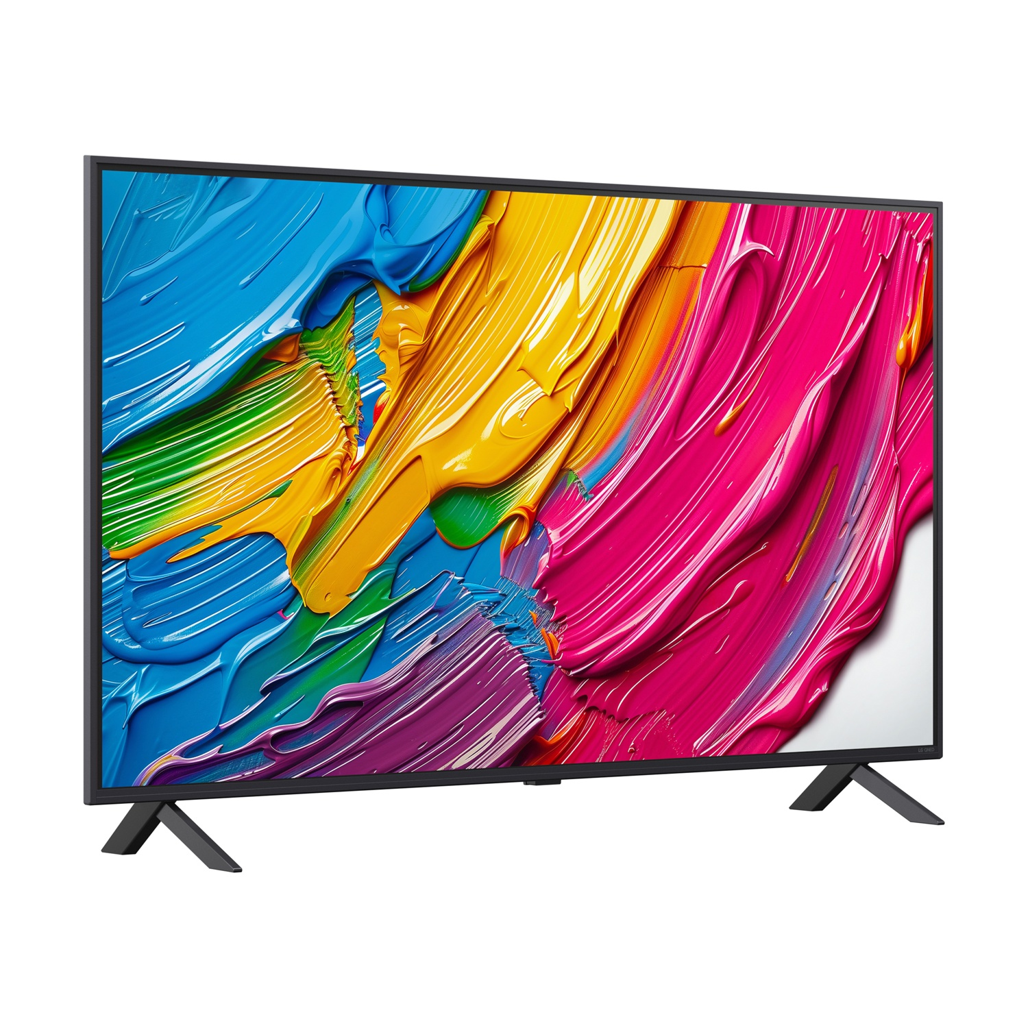 TV LG con un display vibrante e colorato di arte astratta sullo schermo, vista angolata.
