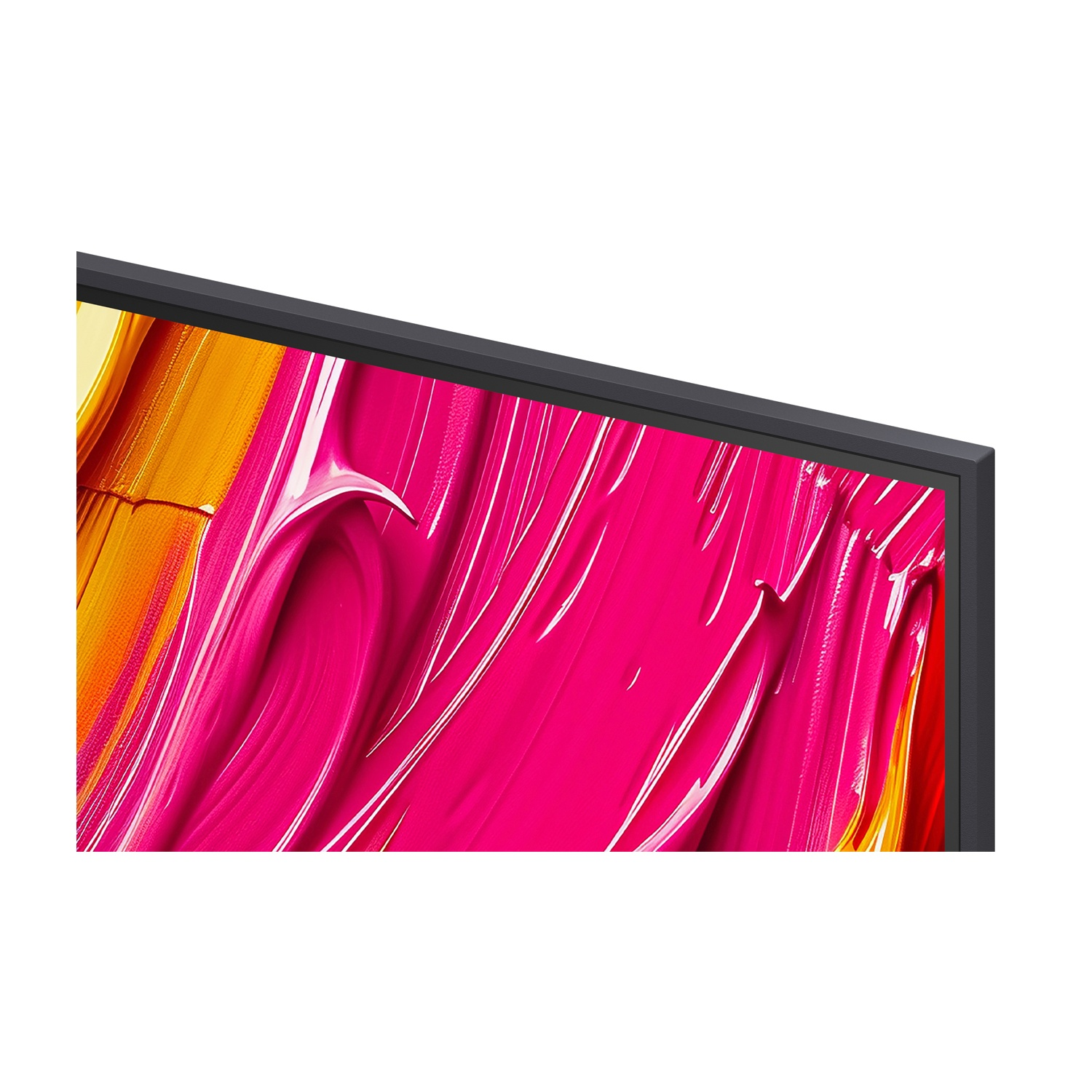 Primo piano di uno schermo TV che mostra pennellate rosa e gialle brillanti.