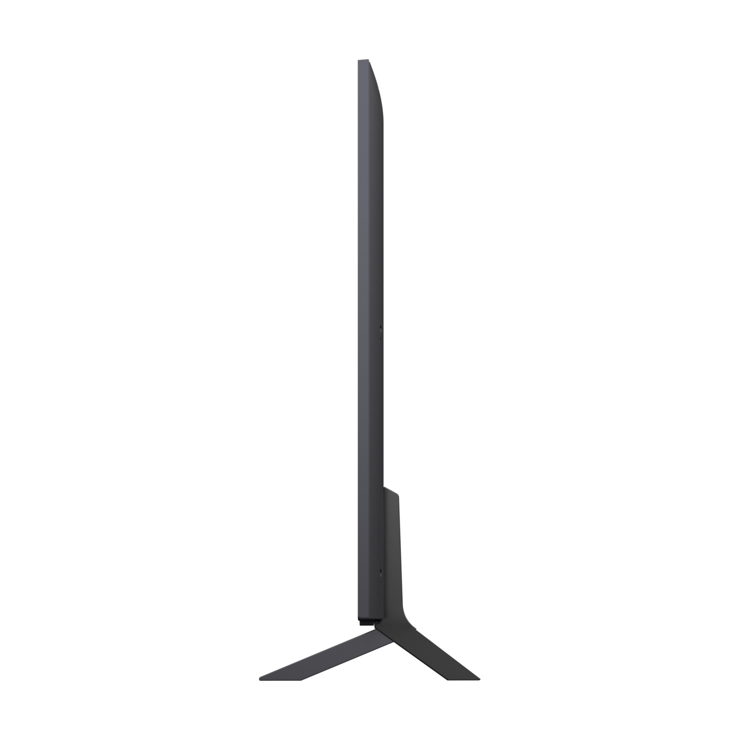 Vista laterale di una TV nera, che mostra il profilo laterale e il supporto con le gambe di supporto.