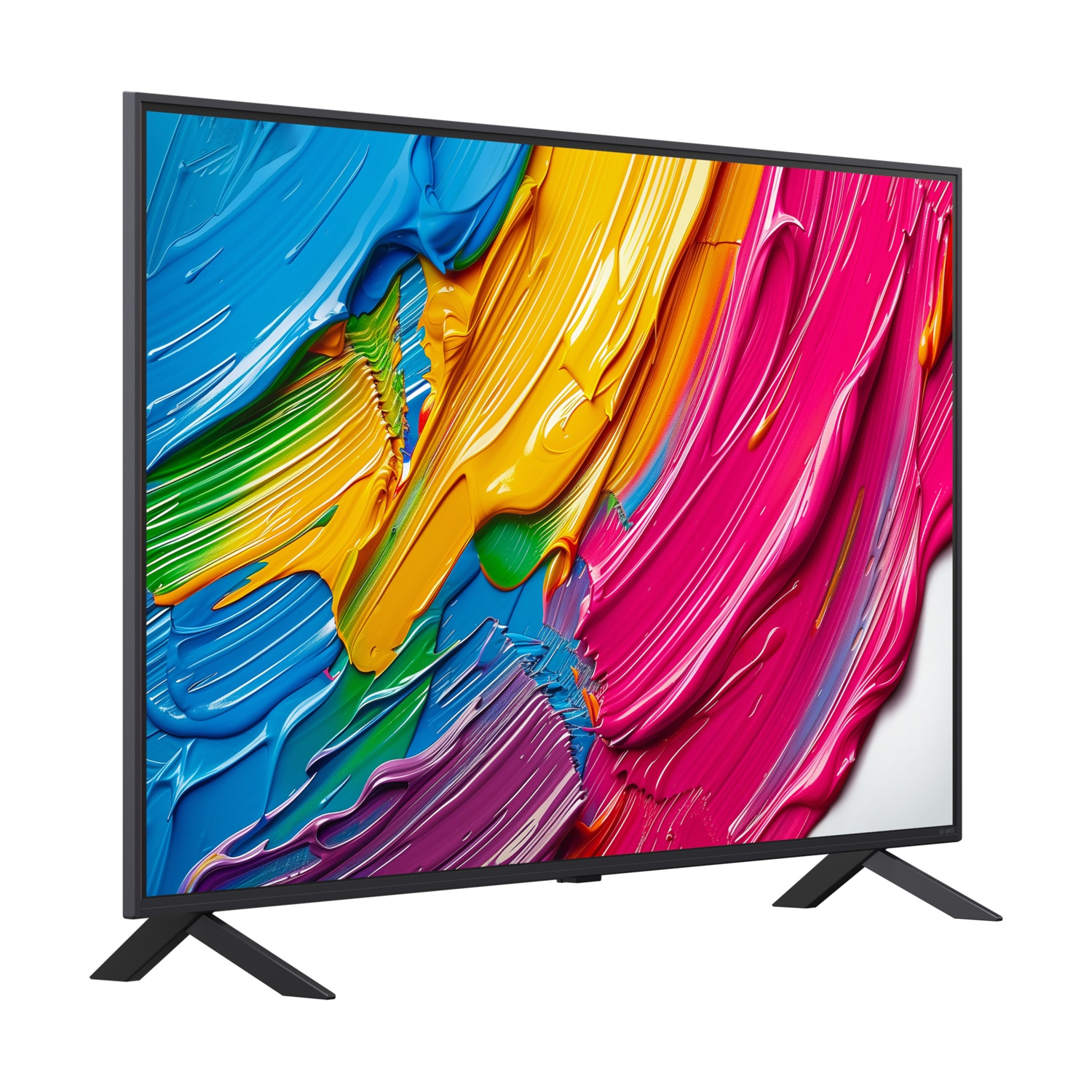 TV LG con un display vibrante e colorato di arte astratta sullo schermo, su gambe.