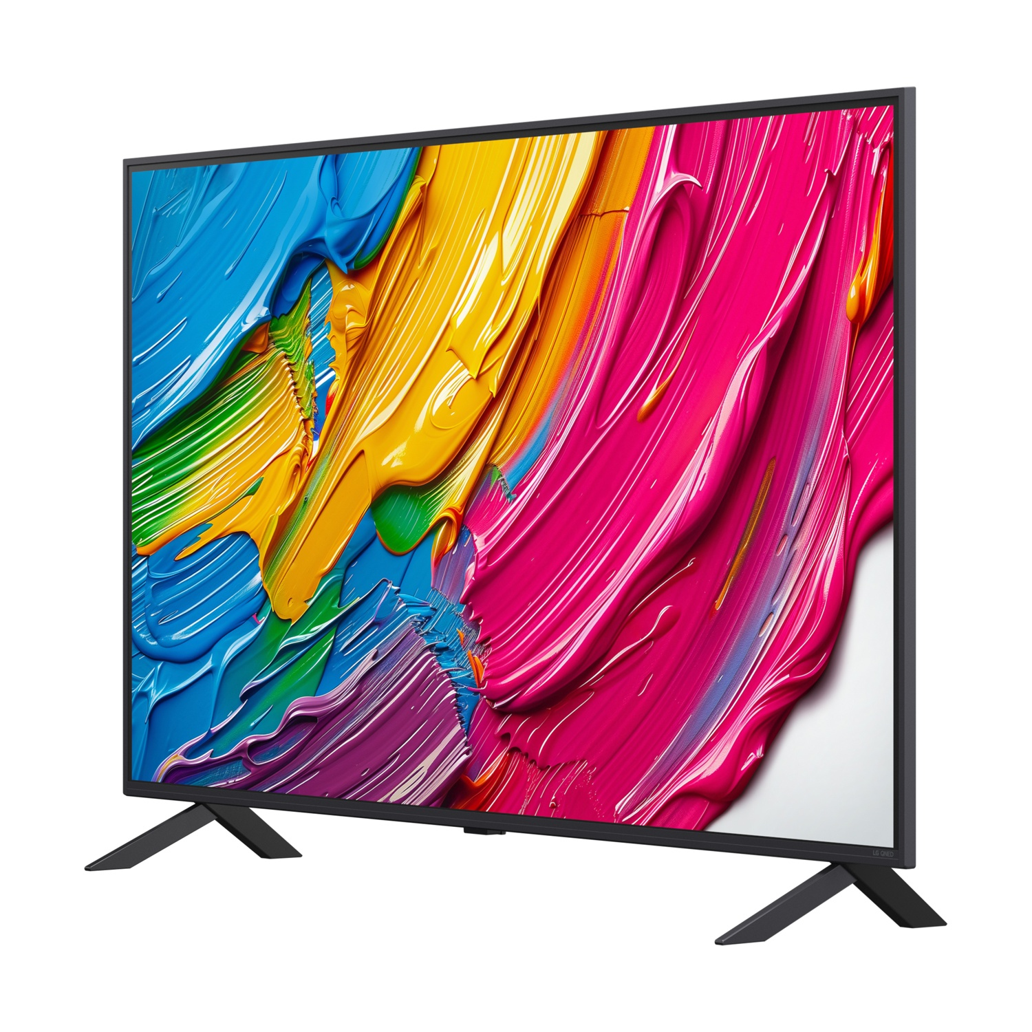 Un televisore con cornice nera mostra un dipinto astratto colorato sullo schermo.