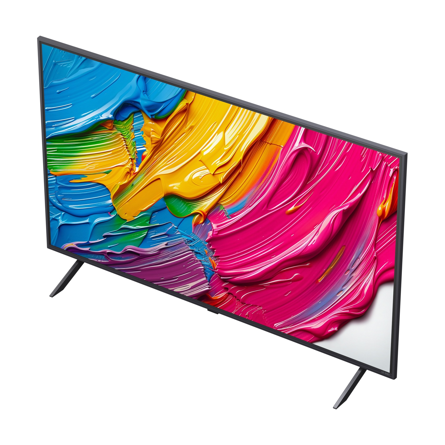 Vista angolata di un TV LG che mostra arte astratta e colorata, con gambe.