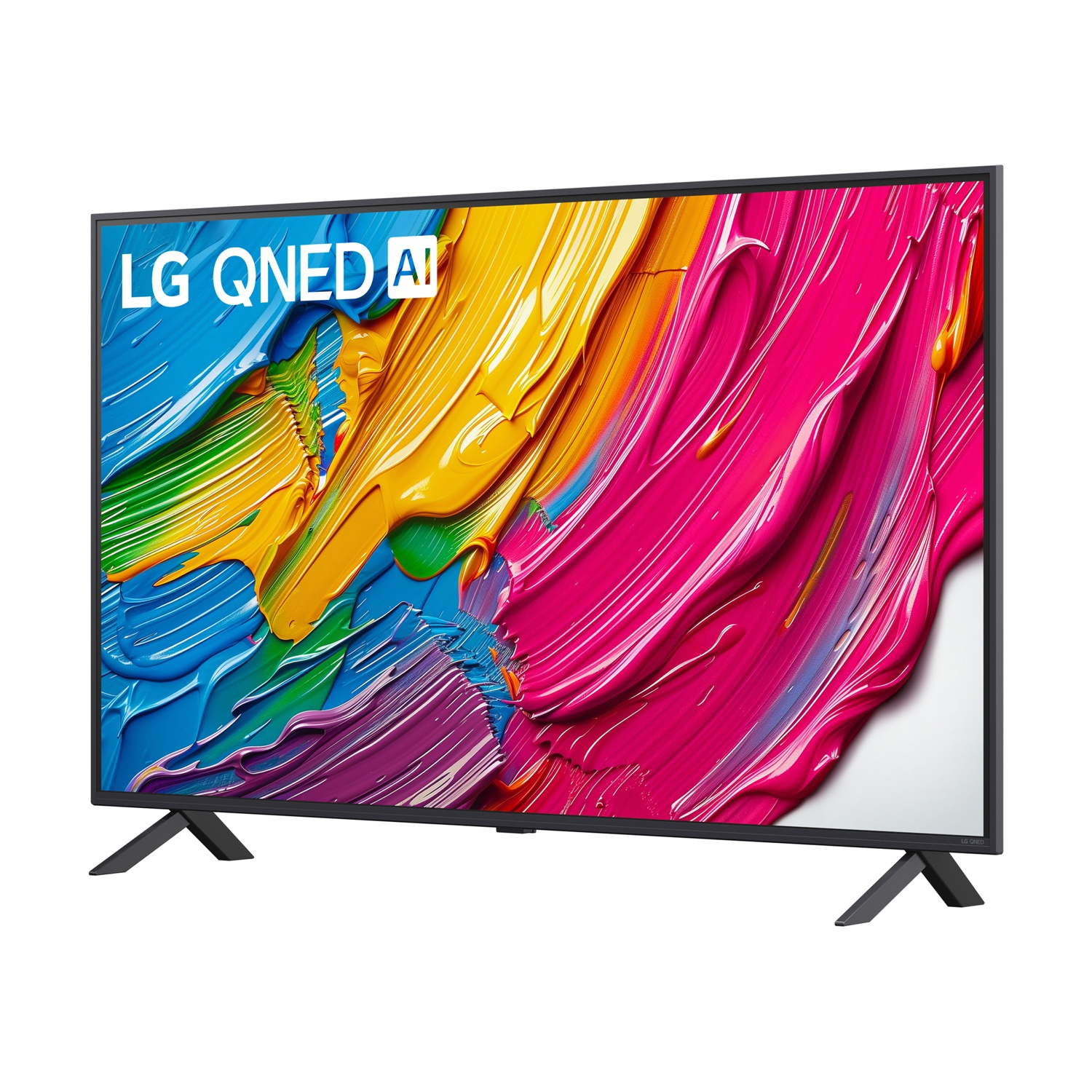 TV LG QNED AI 2025, che mostra arte astratta colorata, vista angolata.