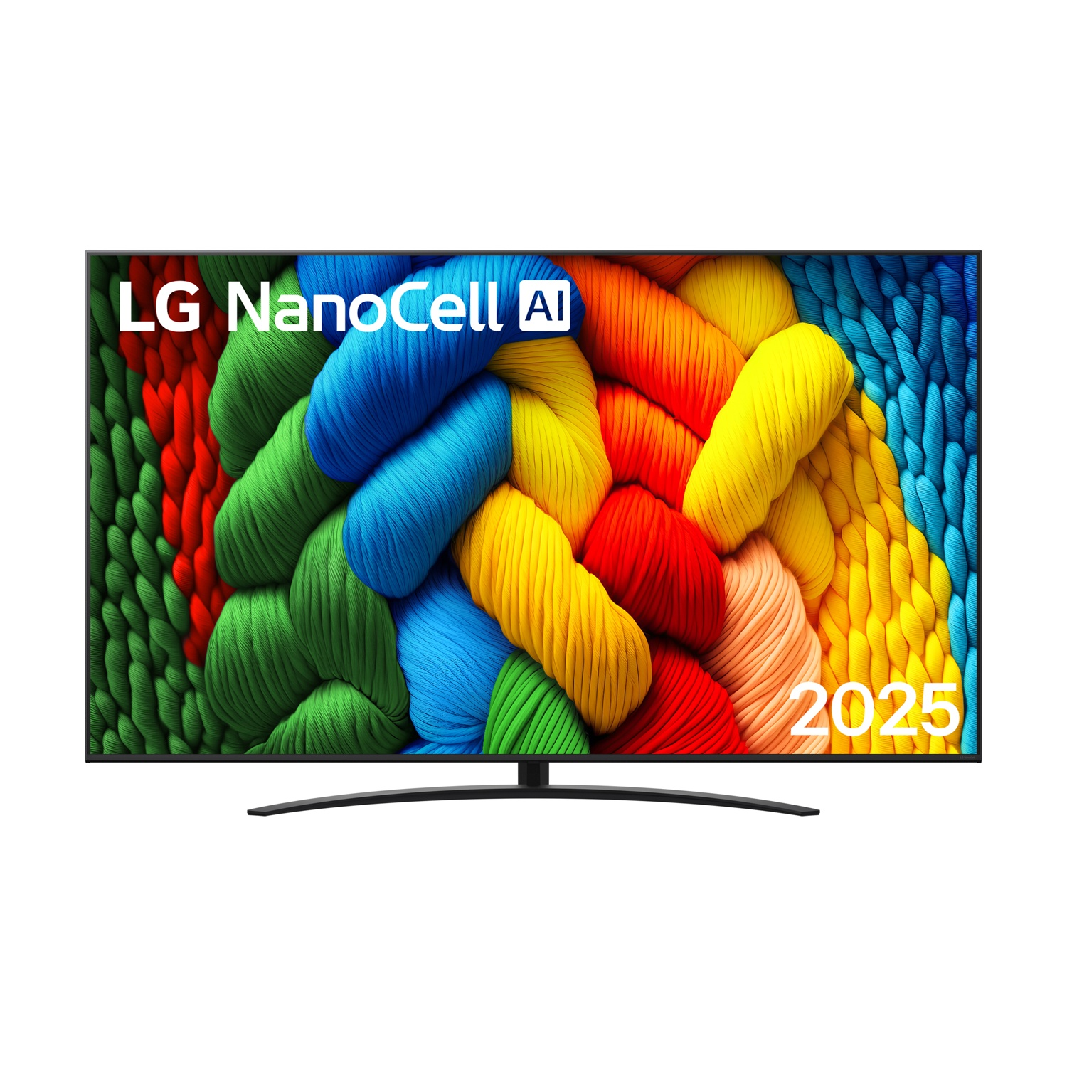 TV LG NanoCell AI 2025, che mostra arte astratta colorata, vista frontale.