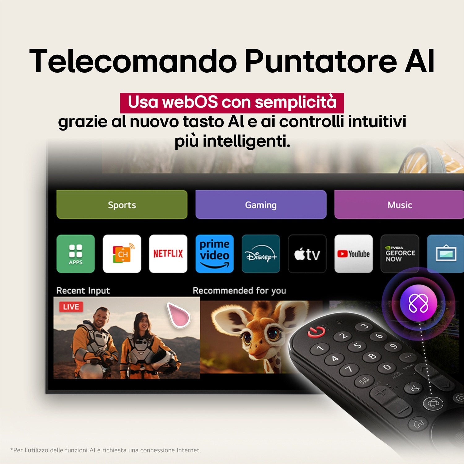 Uno schermo TV con un telecomando. Mostra icone di app e un video consigliato.