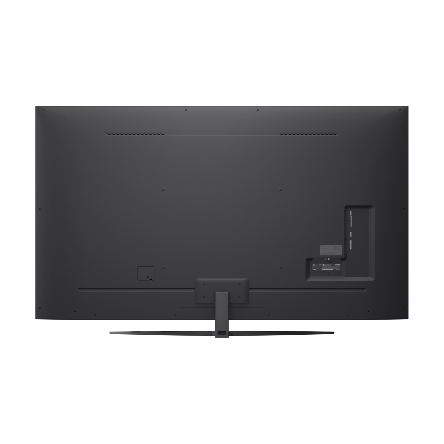 Vista posteriore di un televisore con porte e supporto. È di colore grigio scuro.
