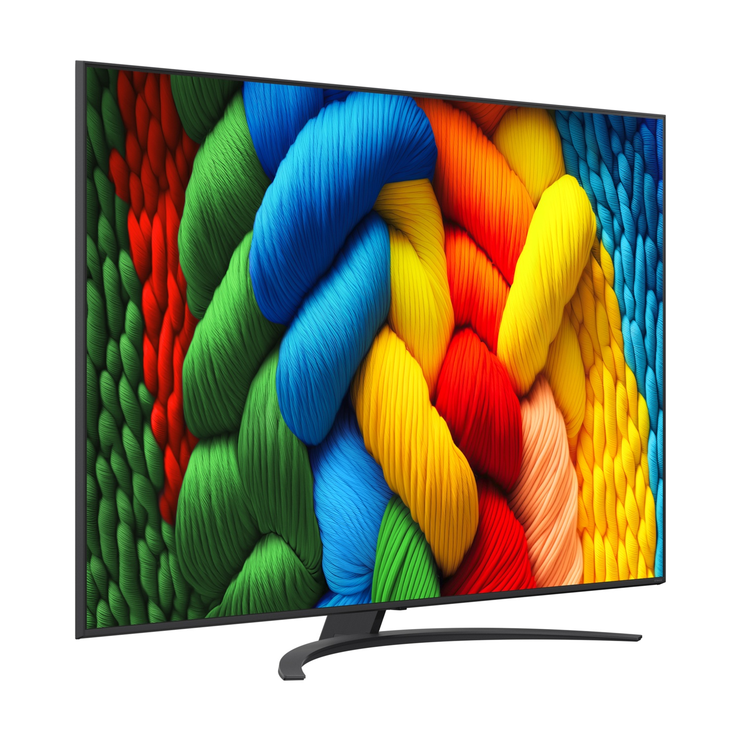 TV con display colorato di trame intrecciate, spesse, simili a corde, in vari colori.