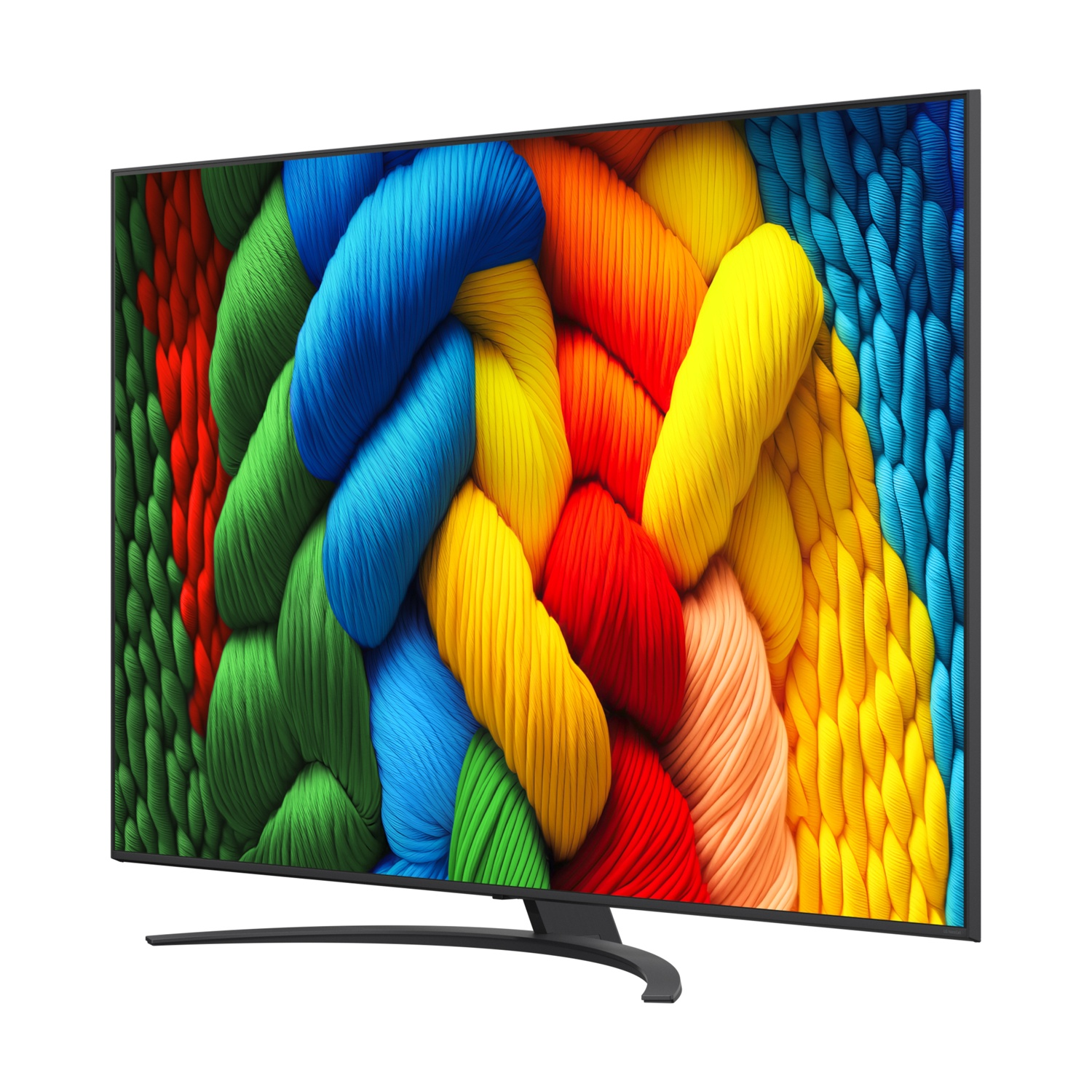 TV con display colorato di trame intrecciate, spesse, simili a corde, in vari colori.