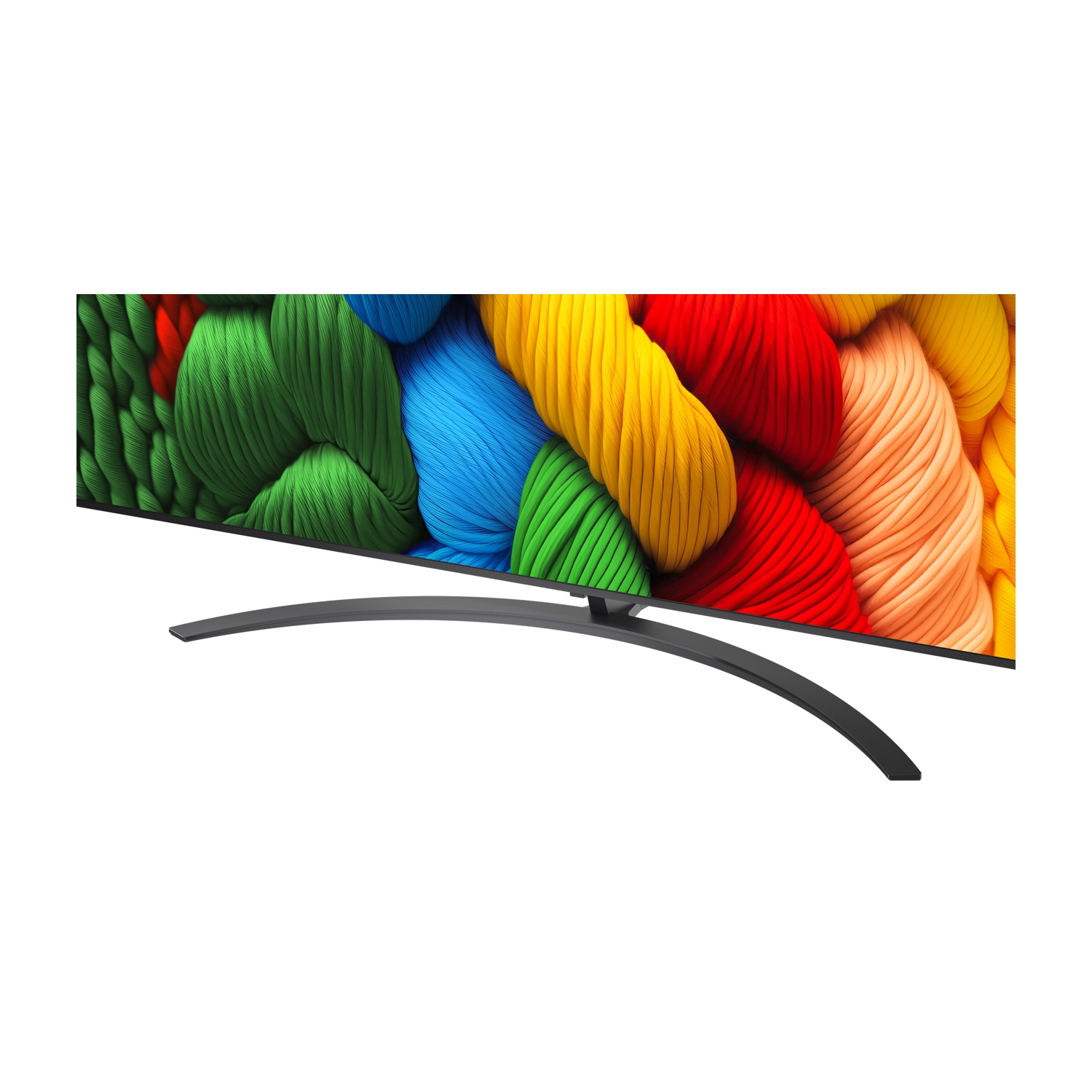 Il supporto curvo del televisore, con un display colorato di spesse trame simili a corde.