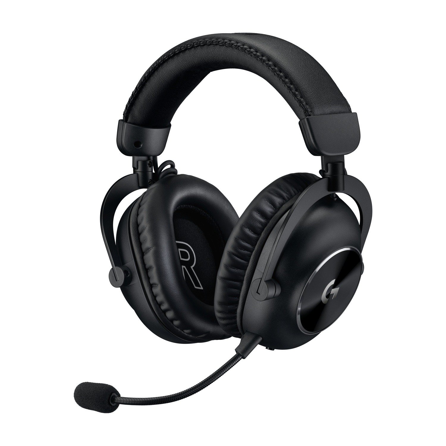 Cuffie da gioco nere con microfono. Padiglioni auricolari con R. Sfondo bianco.