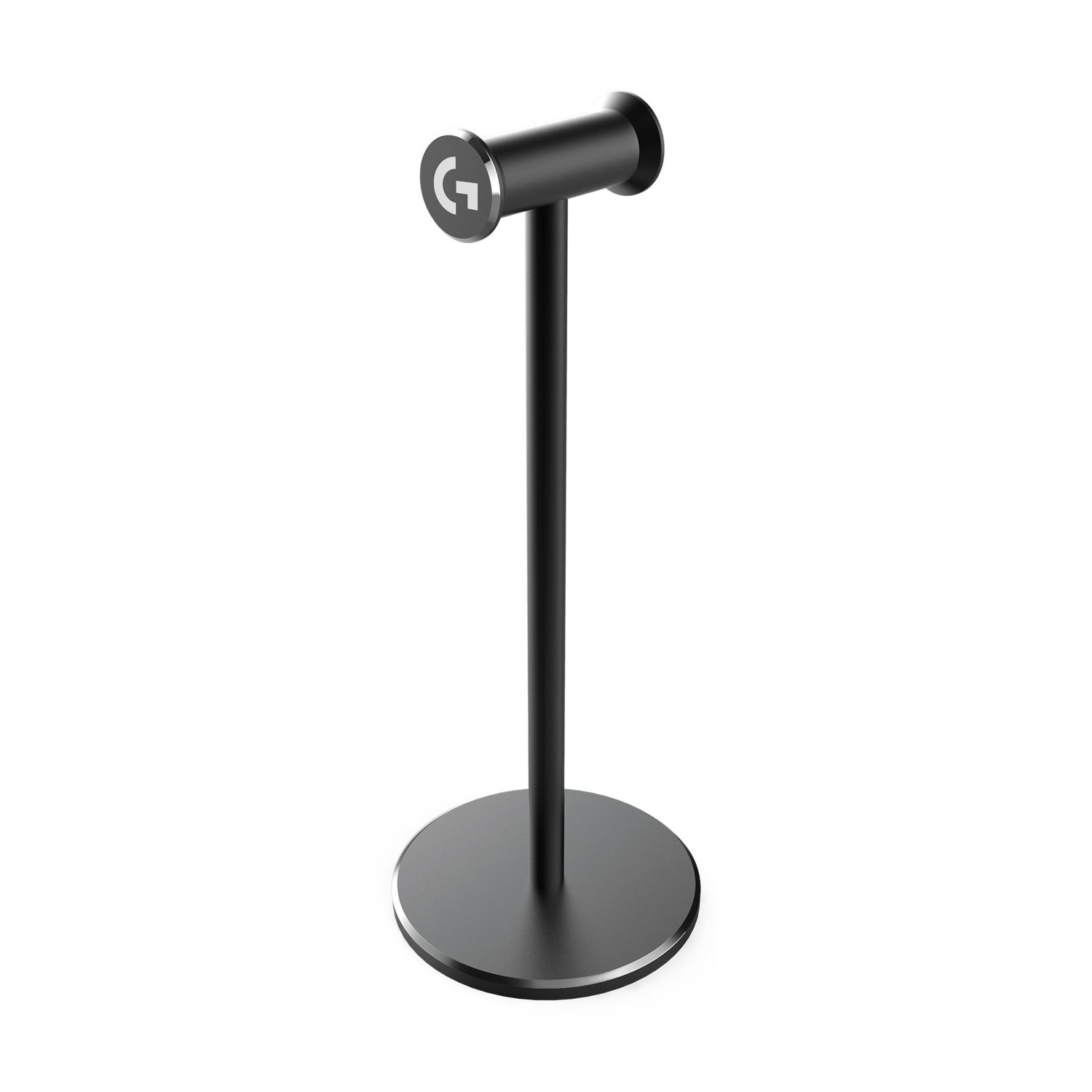 Supporto per cuffie nero. Logo Logitech in alto. Sfondo bianco.