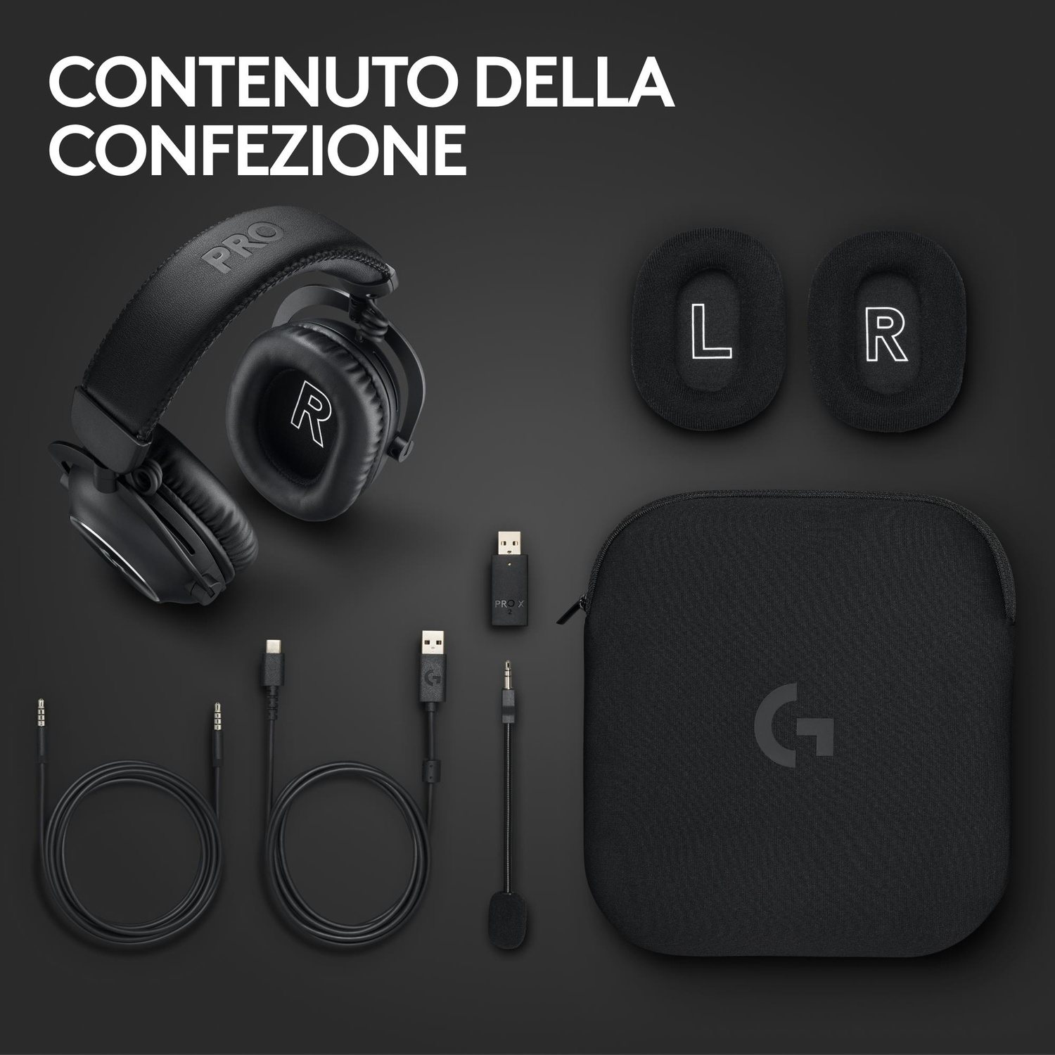 Cuffie, cuscinetti extra, cavi, custodia e altri accessori. Sfondo scuro.