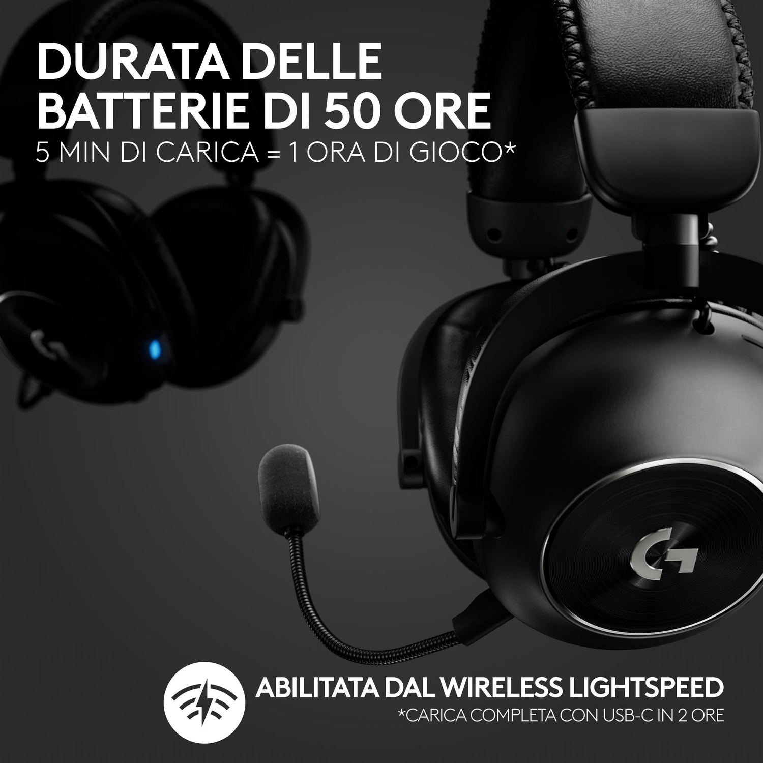 Primo piano delle cuffie con testo. Sfondo scuro. Mostra le funzioni di durata della batteria.