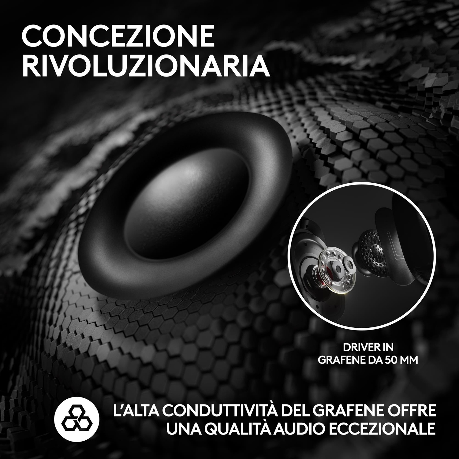 Primo piano del componente delle cuffie, con driver in grafene. Sfondo scuro.