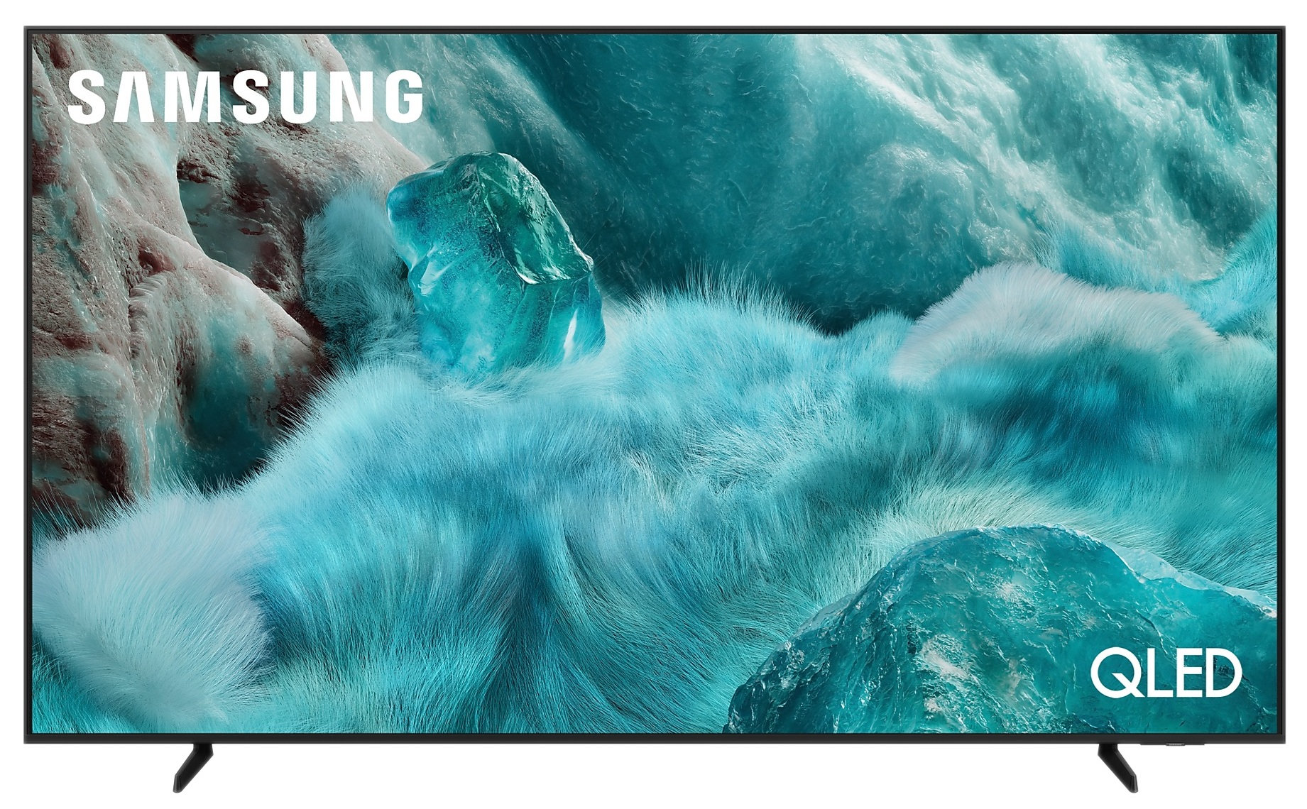 Telewizor Samsung QLED wyświetla turkusowe, abstrakcyjne, chmurne tło z kostkami lodu.