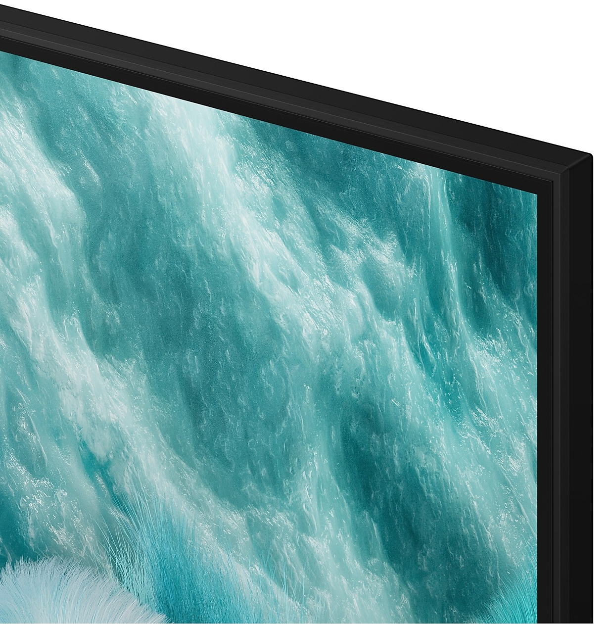 Zbliżenie rogu telewizora Samsung. Czarna ramka otacza turkusowe, wirujące, teksturowane tło.