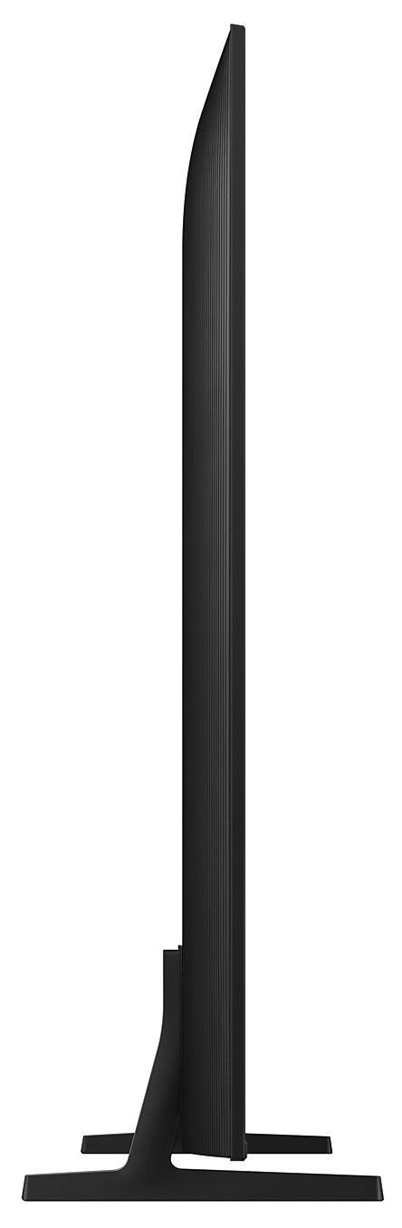Widok z boku czarnego telewizora Samsung. Cienki, ze stojakiem, na białym tle.