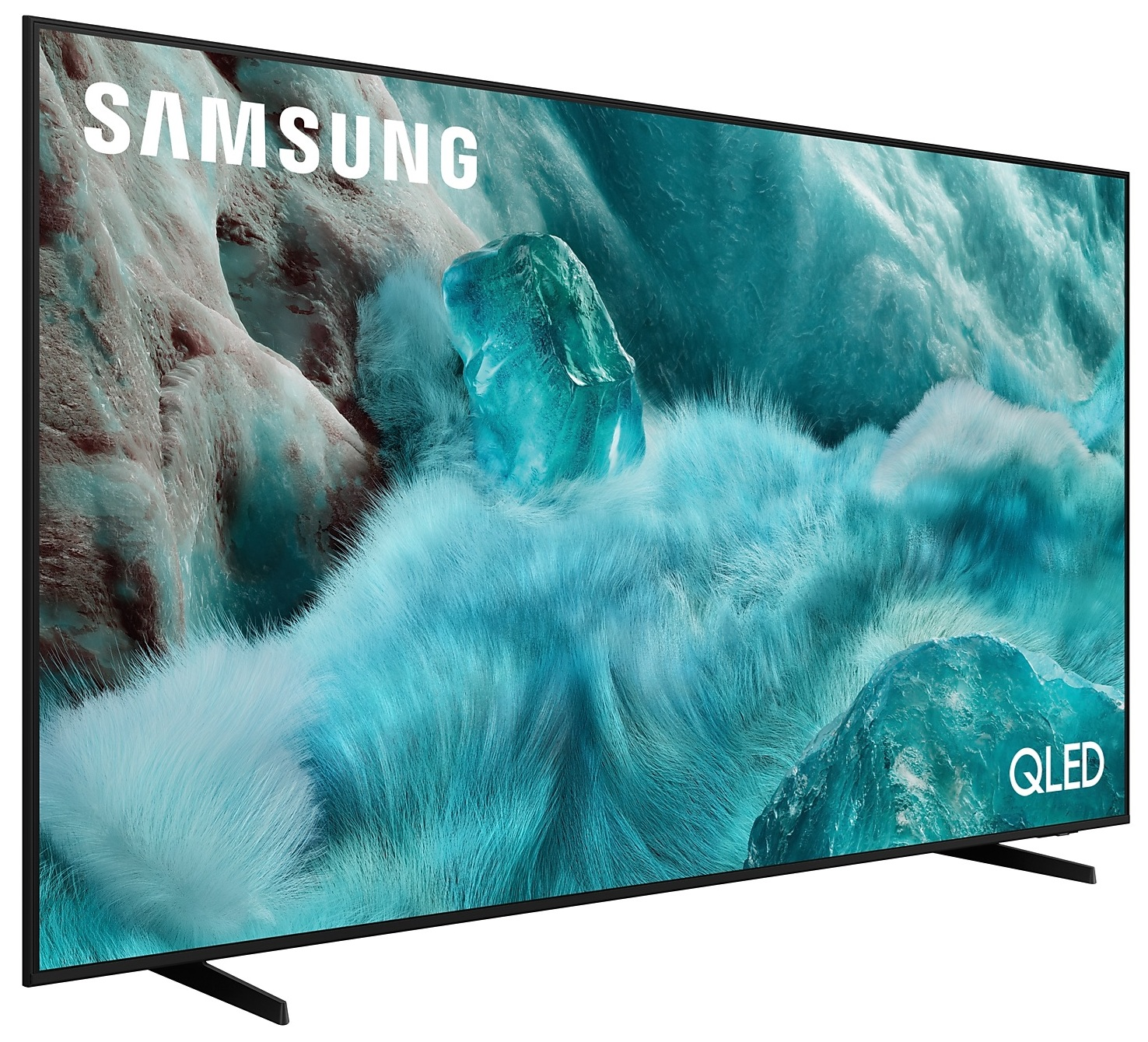 Telewizor Samsung QLED na czarnym stojaku z turkusowym, abstrakcyjnym tłem i logo QLED.