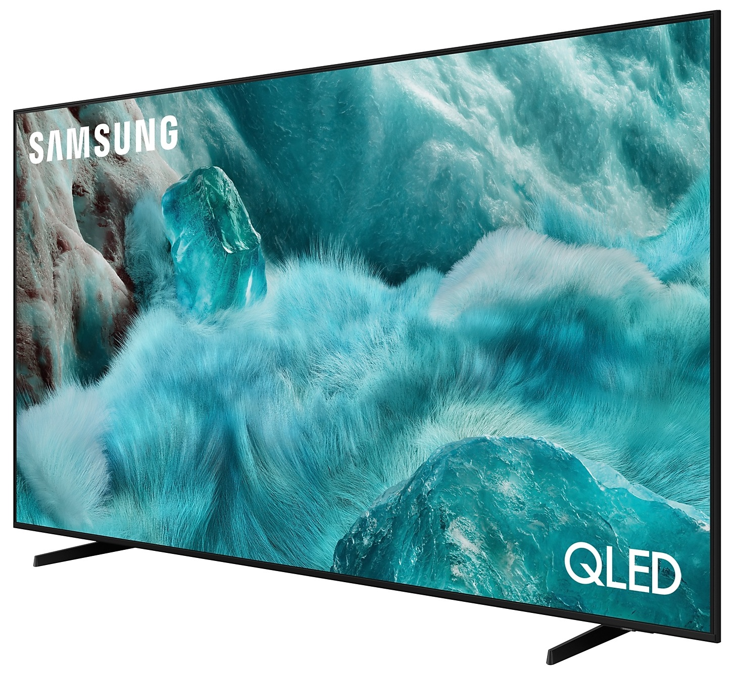 Telewizor Samsung QLED na czarnym stojaku z turkusowym, abstrakcyjnym tłem i logo QLED.