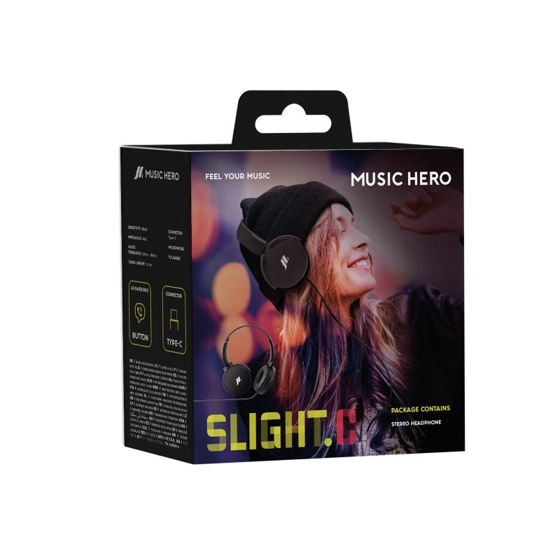 Kopfhörerbox mit einer Frau, die Kopfhörer trägt. Auf der Box steht MUSIC HERO.