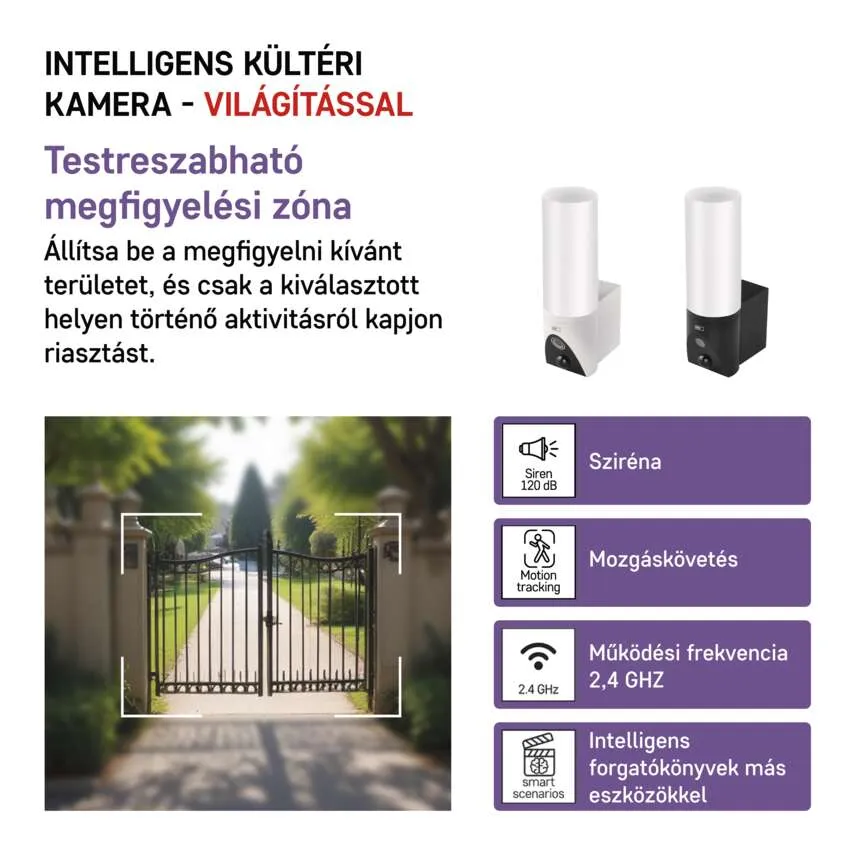 Kültéri kamerák kerti jelenetben. Szirénával, mozgáskövetéssel és okos funkciókkal rendelkeznek.
