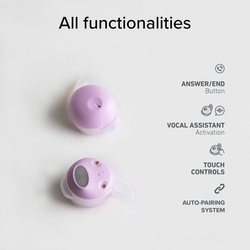 Zwei violette Ohrhörer mit weißen Akzenten. Funktionen zum Annehmen, Sprachassistenten, Touch-Steuerung und Auto-Pairing.