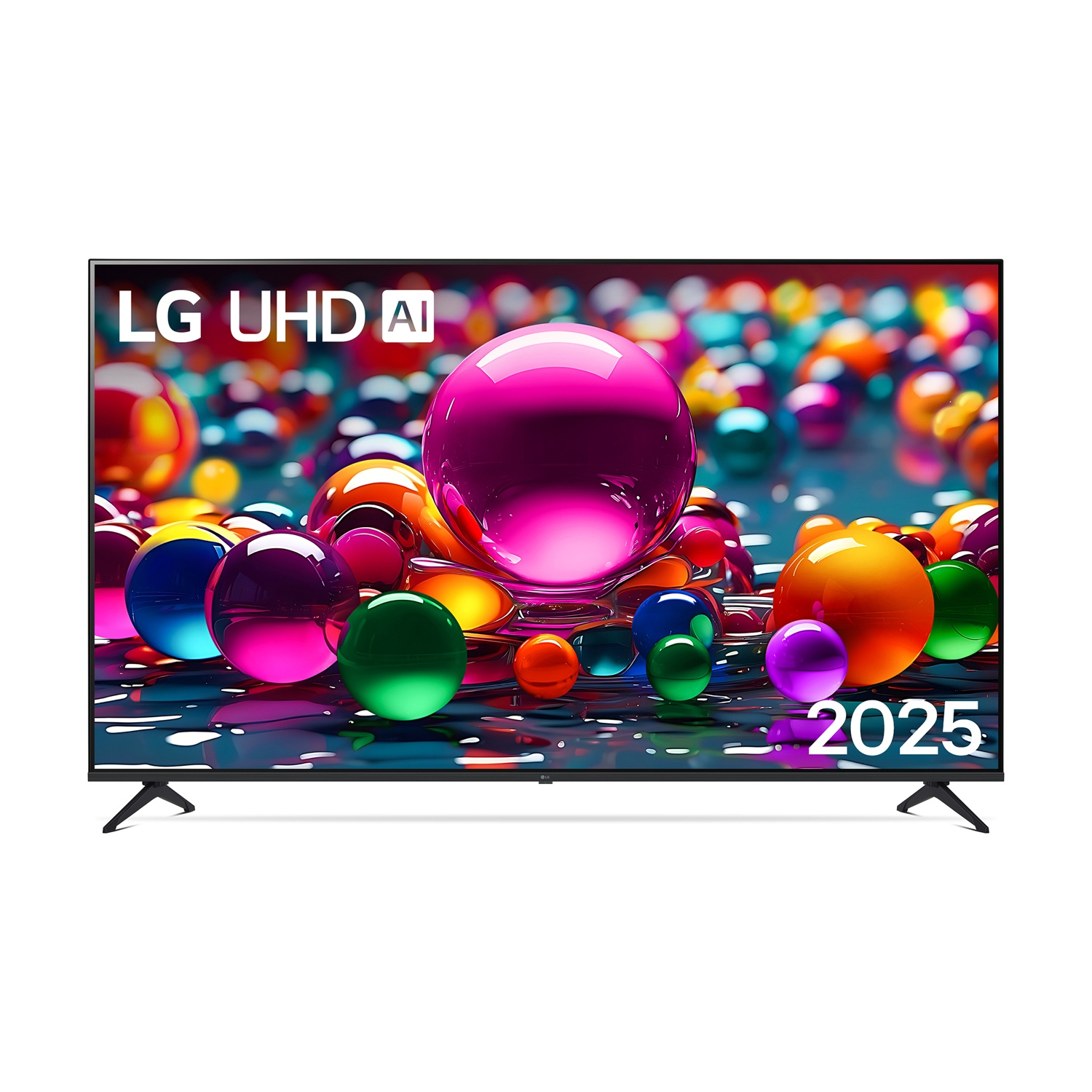 TV LG che mostra globi colorati. Globi rosa, verdi, arancioni e blu in primo piano. Supporto TV nero.