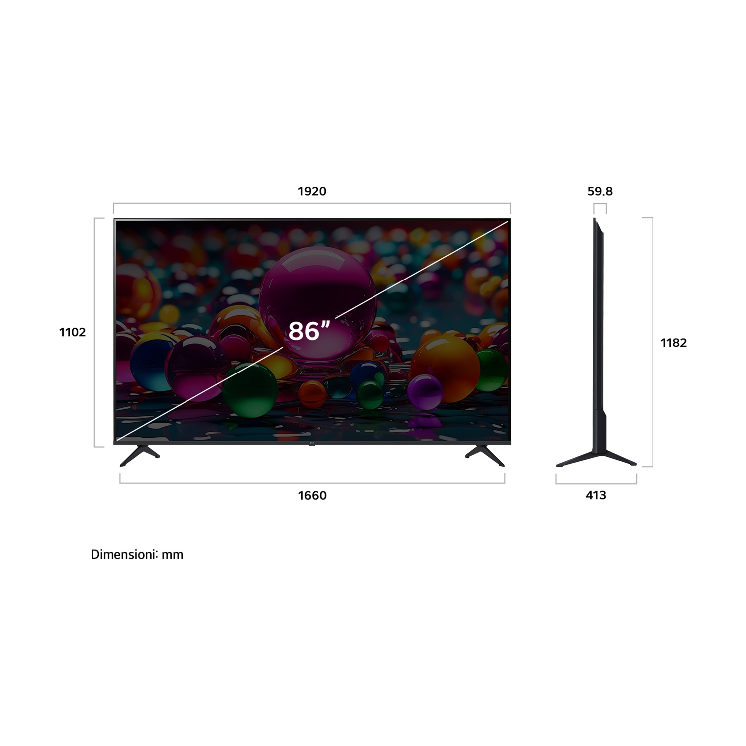 Dimensioni TV LG con misure in mm. Lo schermo mostra globi colorati. Sfondo bianco.