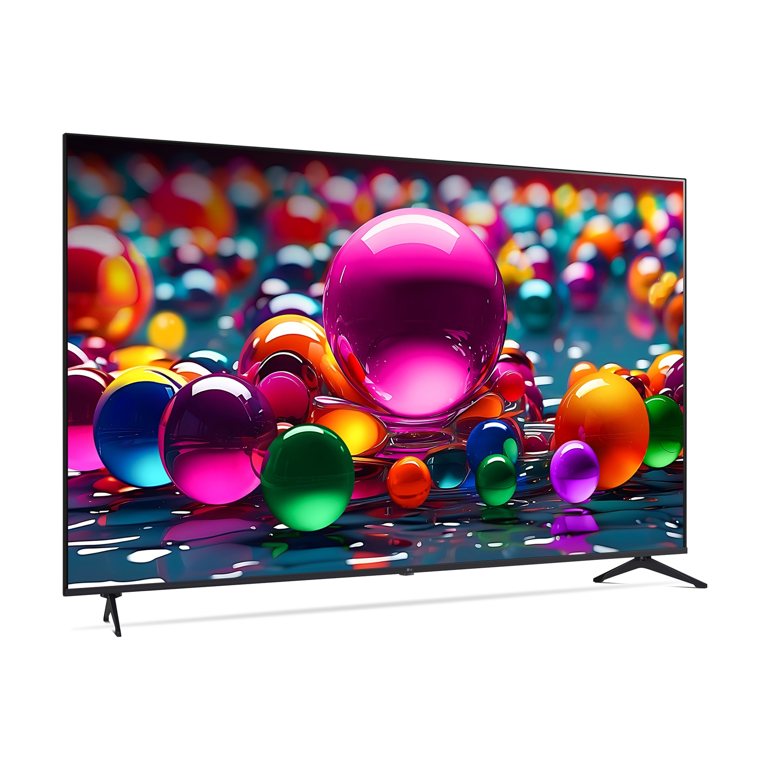 TV LG con globi colorati sullo schermo. Globi rosa, verdi, arancioni e blu in primo piano.