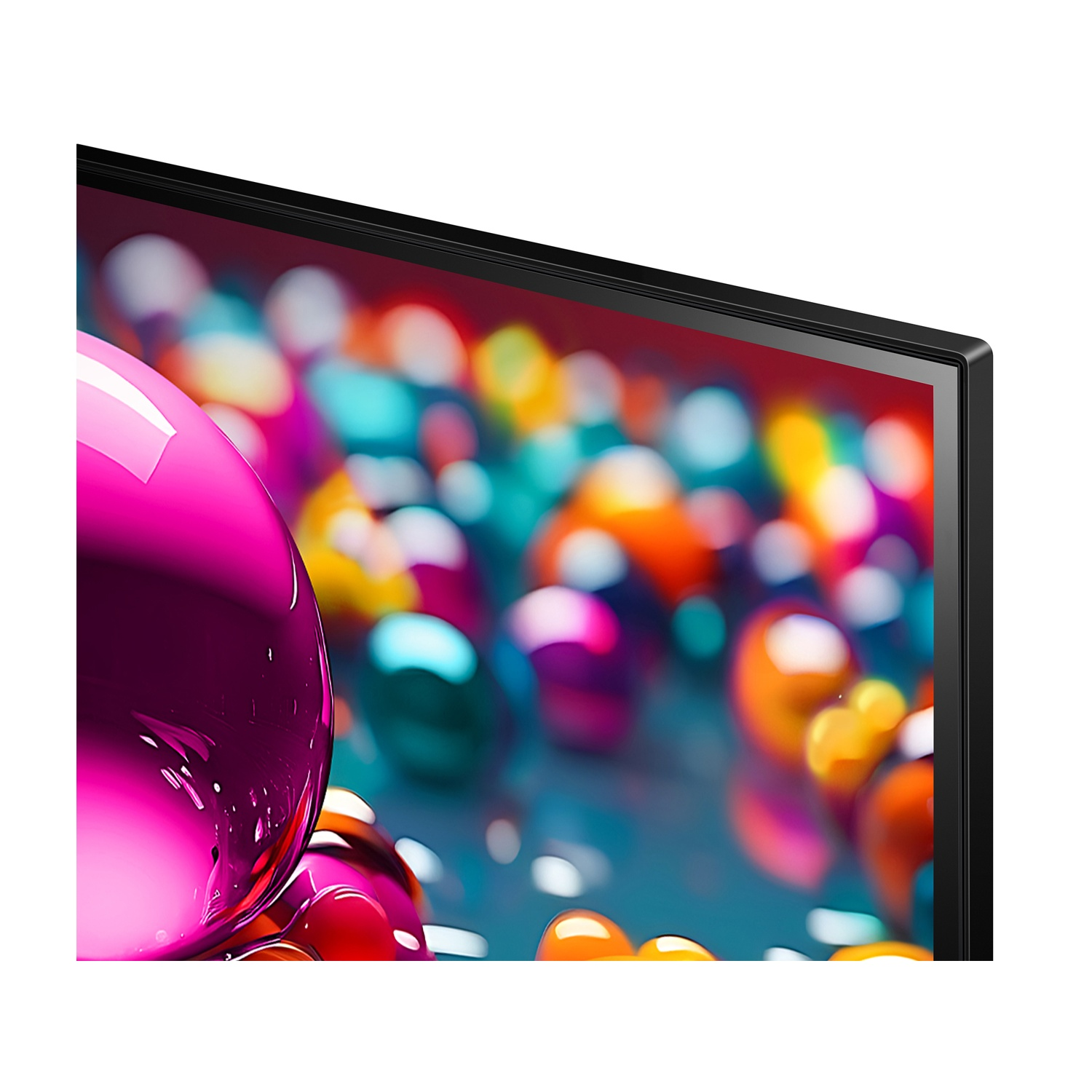 Primo piano di un angolo di TV LG con globi colorati sullo schermo. Bordo nero.